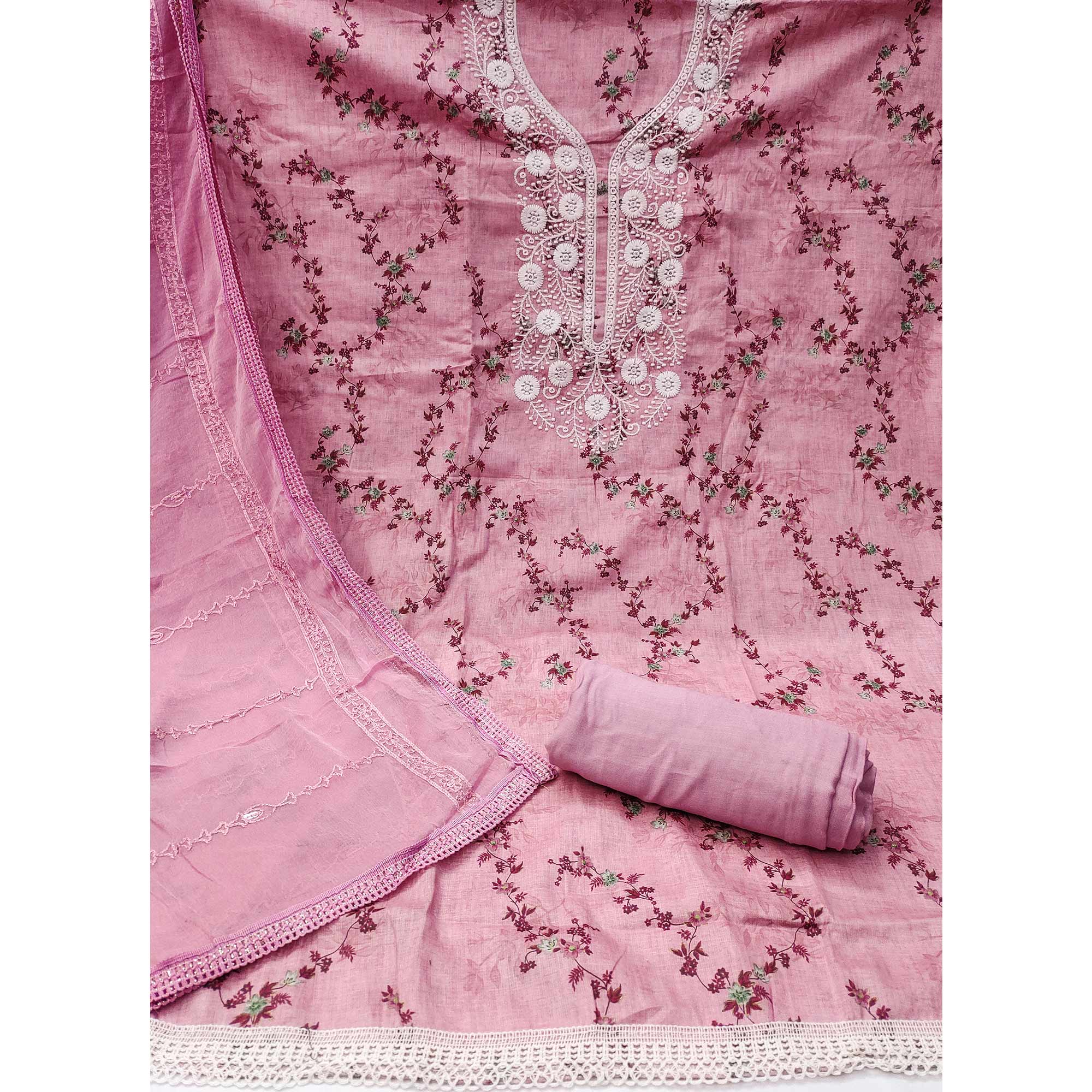 Pink Floral Printed With Embroidery Pure Cotton Dress Material