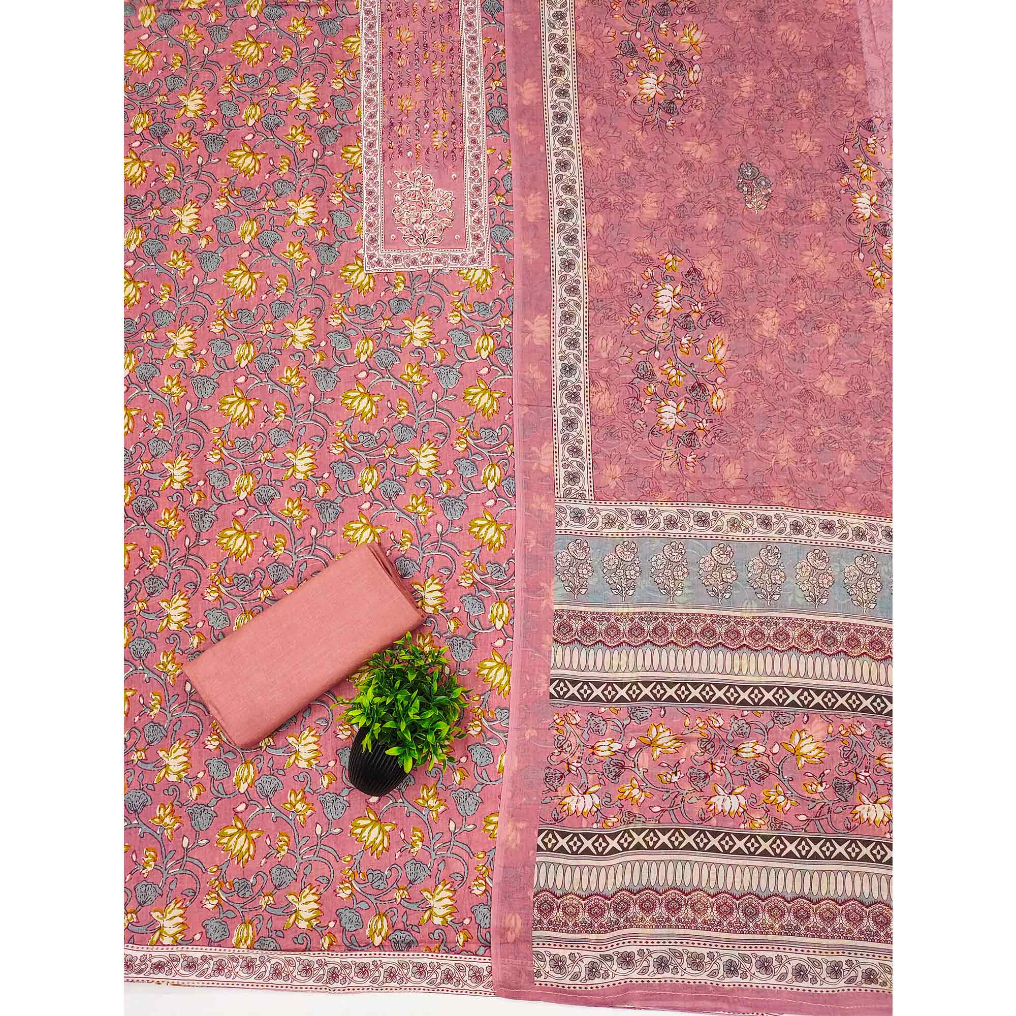 Dusty Rose Pink Floral Printed Pure Cotton Dress Material With Elegant Sequins Embroidery