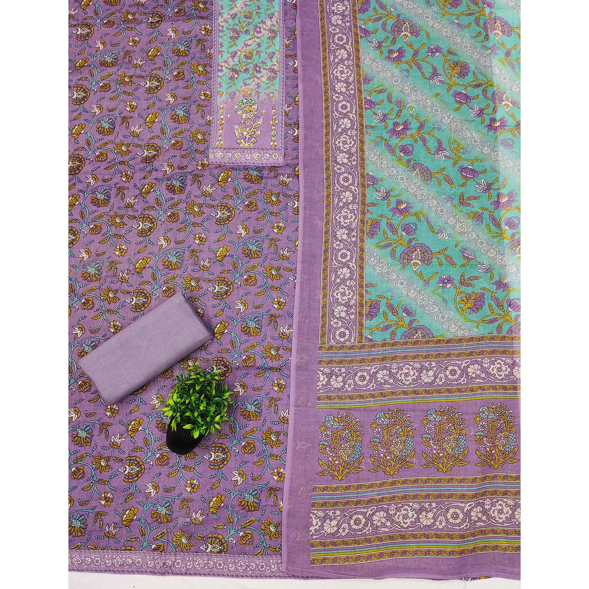 Lavender Floral Printed Pure Cotton Dress Material With Elegant Sequins Embroidery
