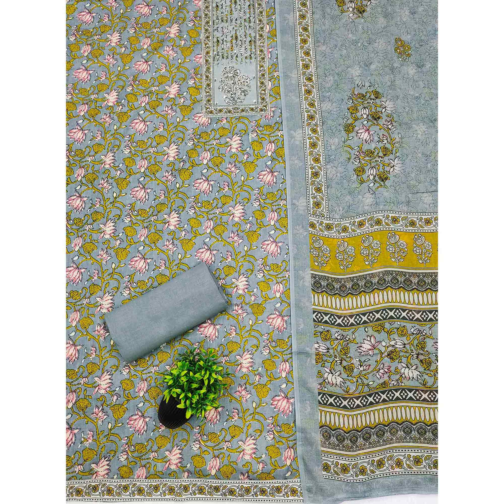 Grey Pure Cotton Dress Material Adorned with Artistic Floral Patterns