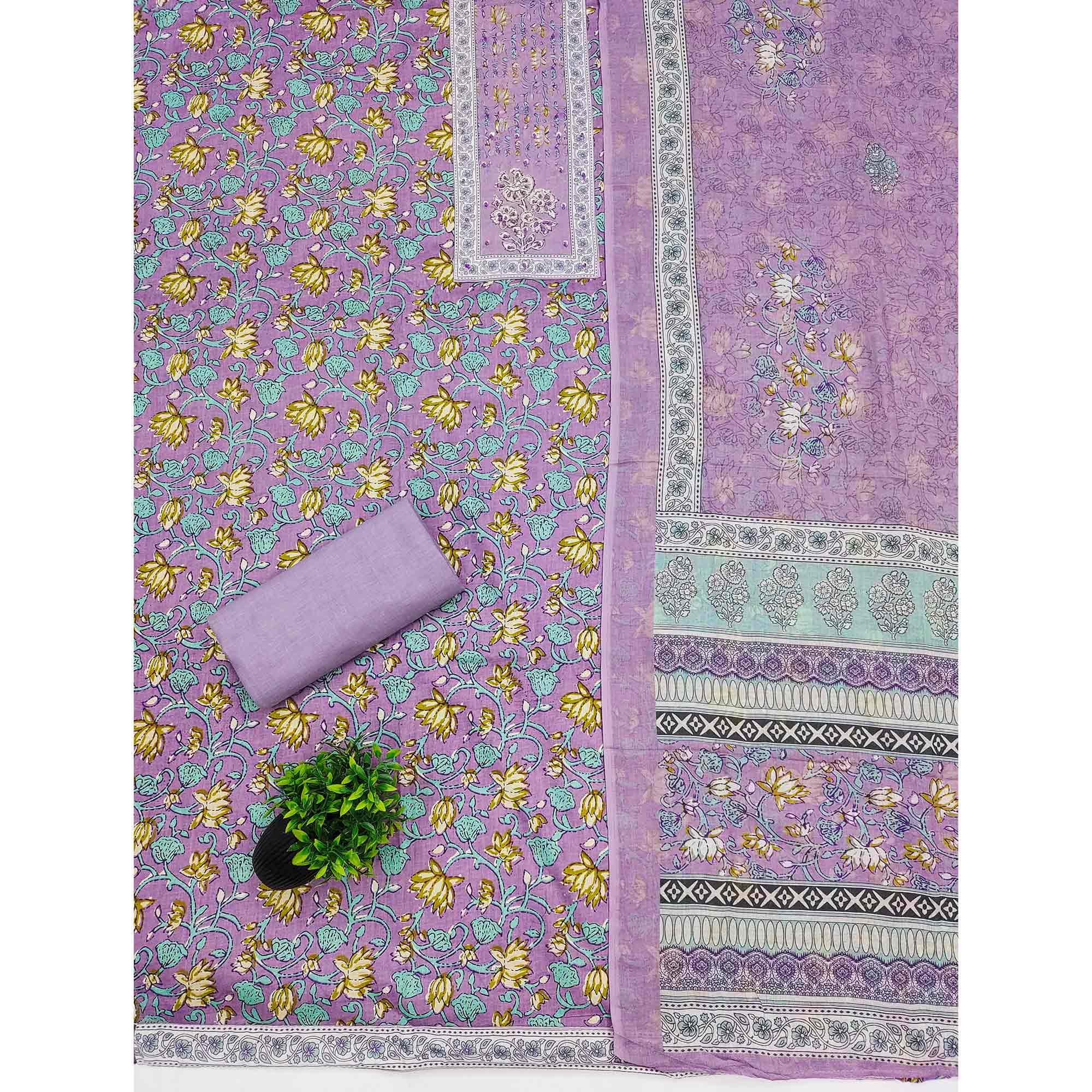Lavender Pure Cotton Dress Material Adorned with Artistic Floral Patterns