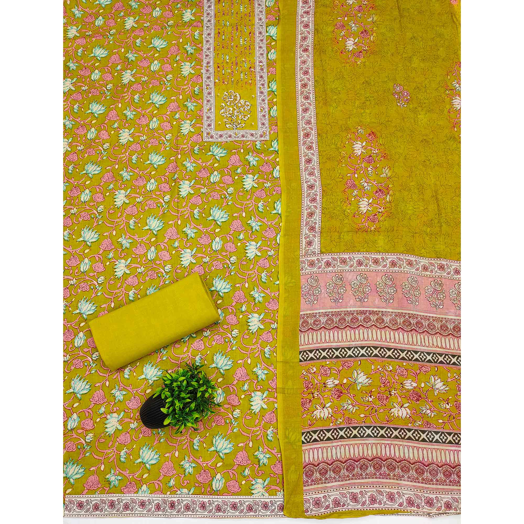 Olive Pure Cotton Dress Material Adorned with Artistic Floral Patterns