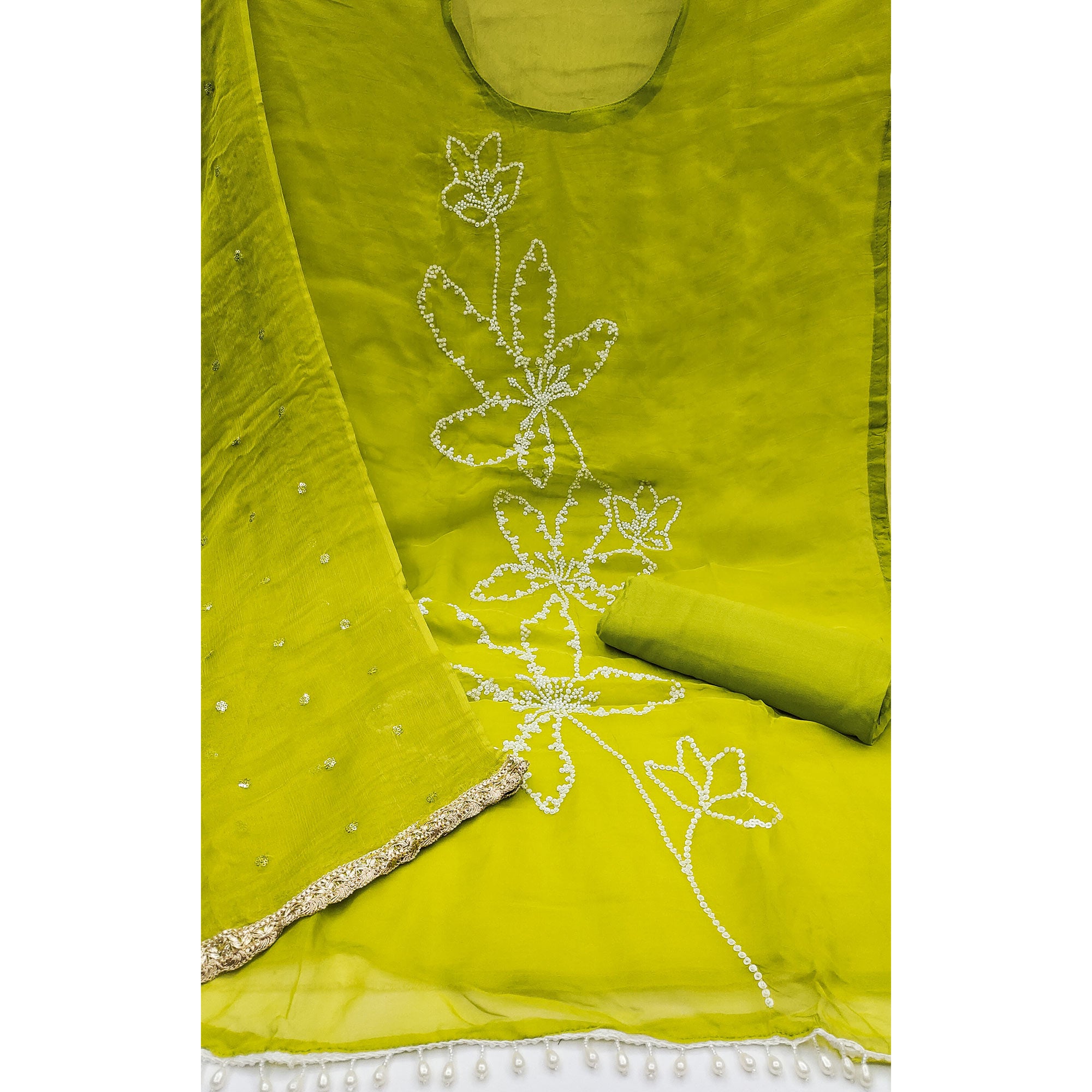 Green Floral Sequins With Moti Handwork Muslin Dress Material