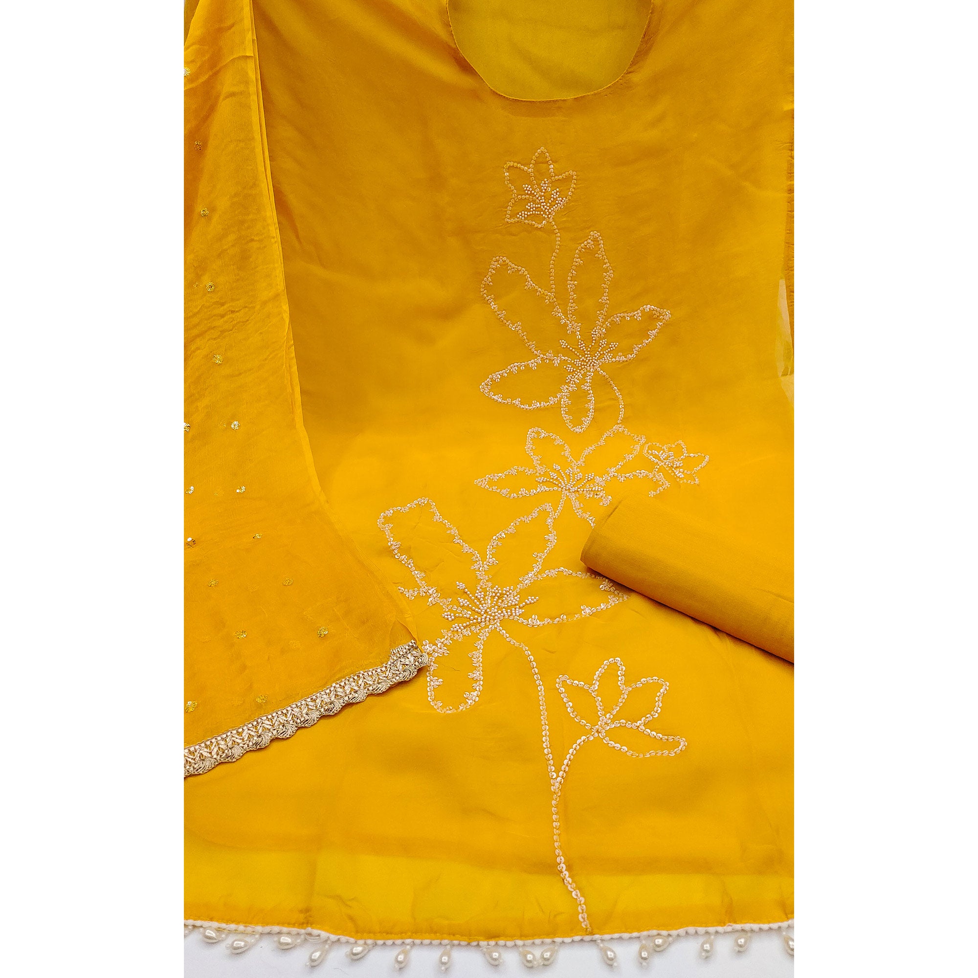 Mustard Floral Sequins With Moti Handwork Muslin Dress Material