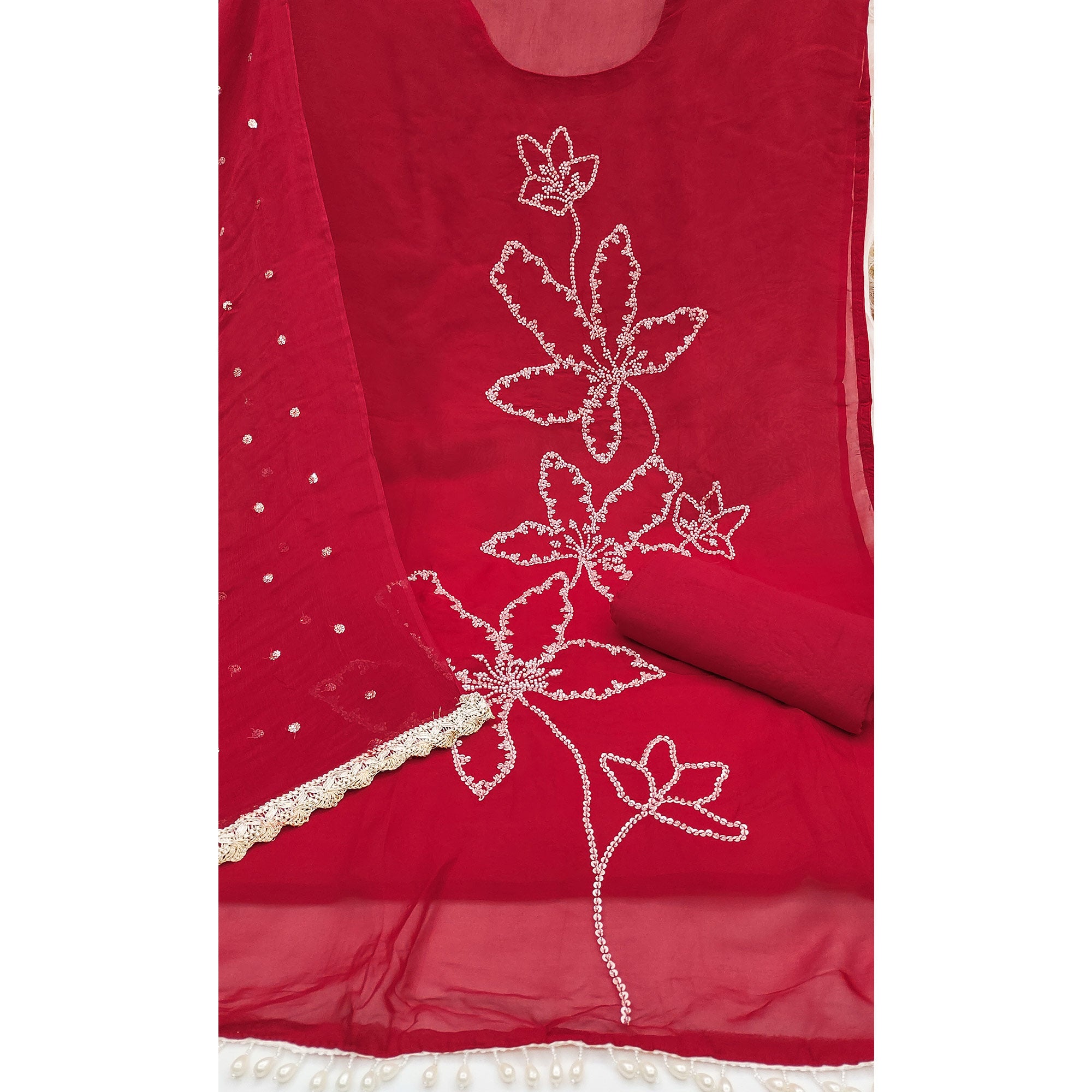 Red Floral Sequins With Moti Handwork Muslin Dress Material