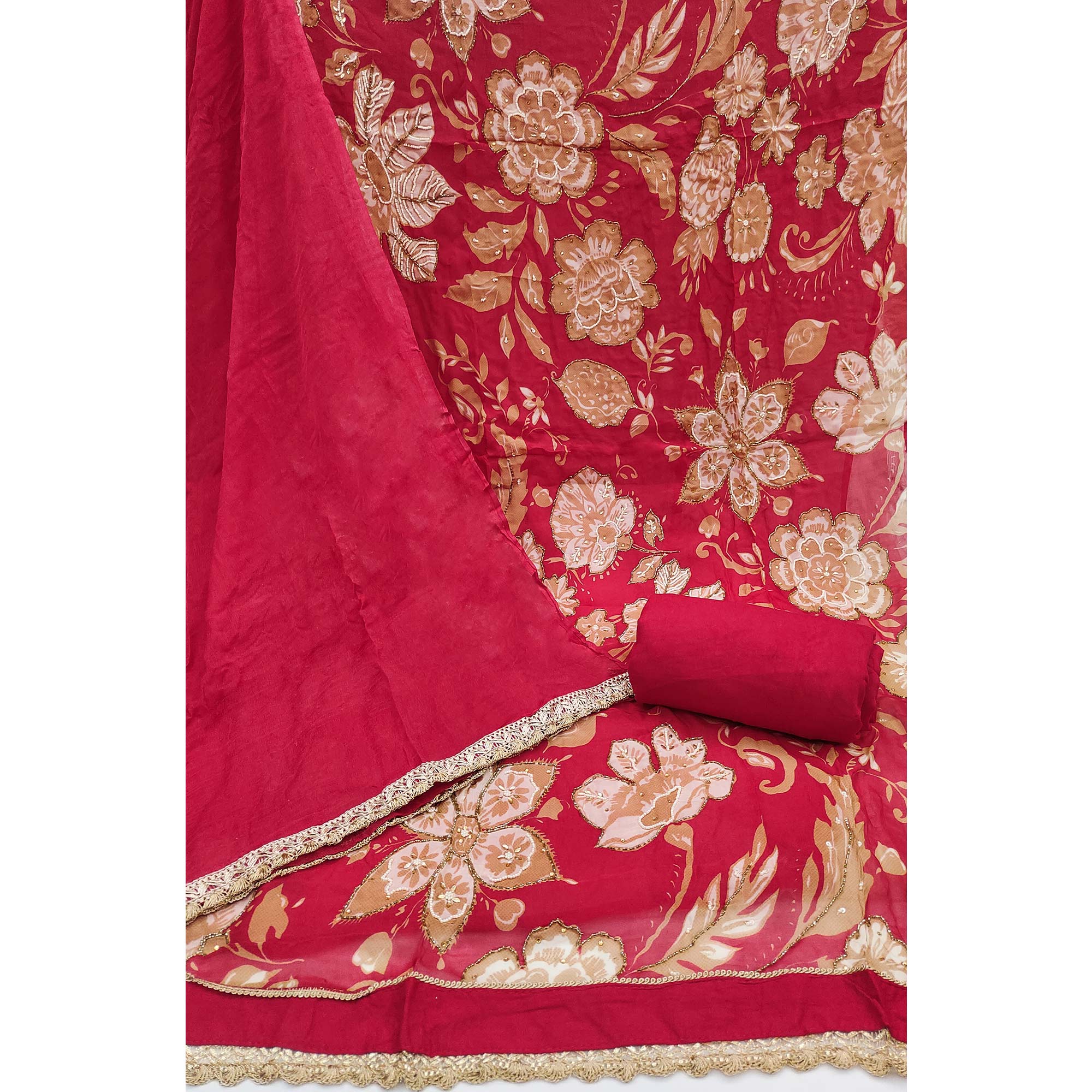 Cherry Red Floral Moti Hand Embroidered Muslin Dress Material