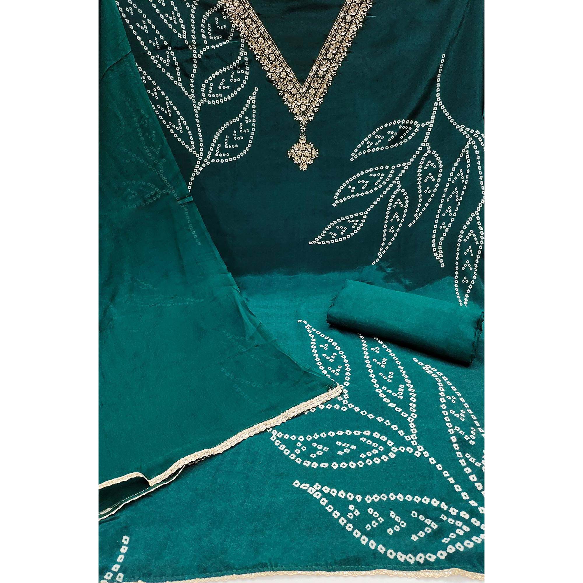 Dark Teal Printed With Handwork Muslin Dress Material