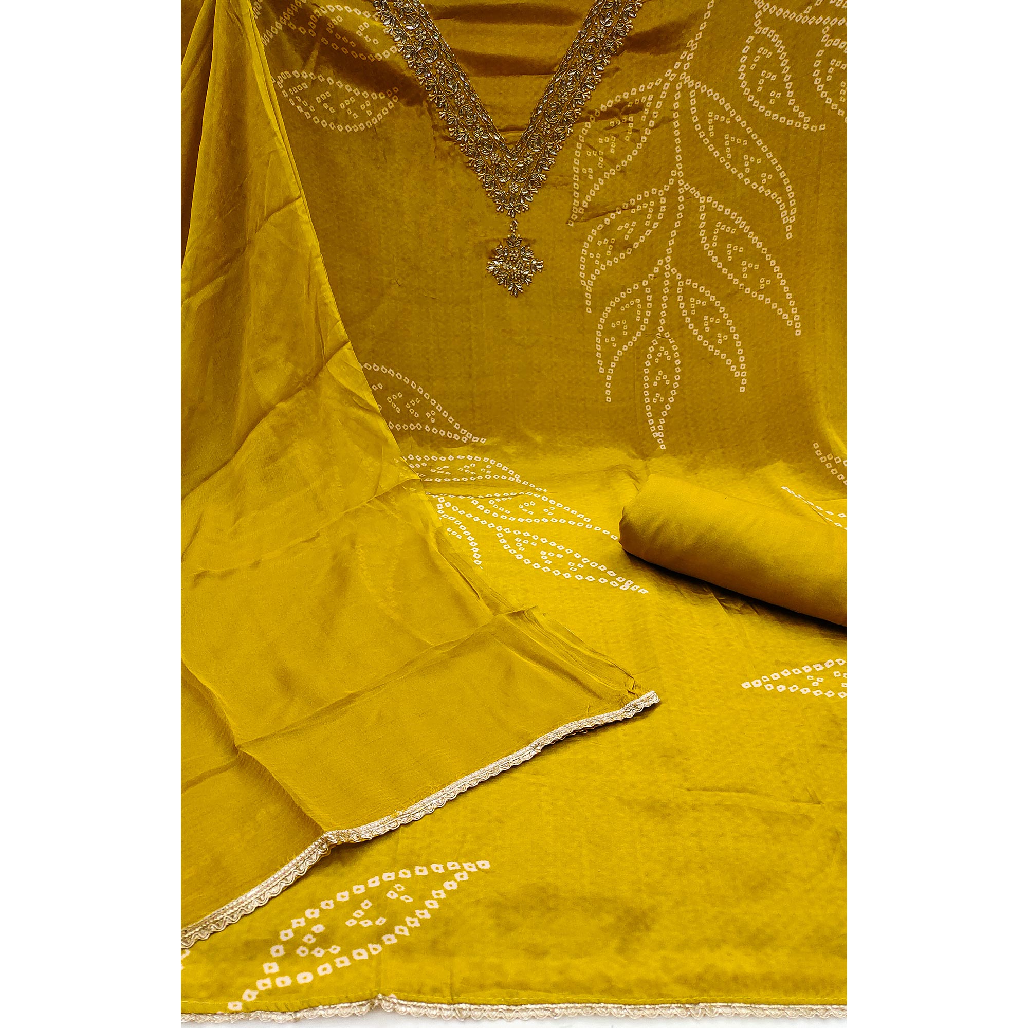 Mustard Printed With Handwork Muslin Dress Material