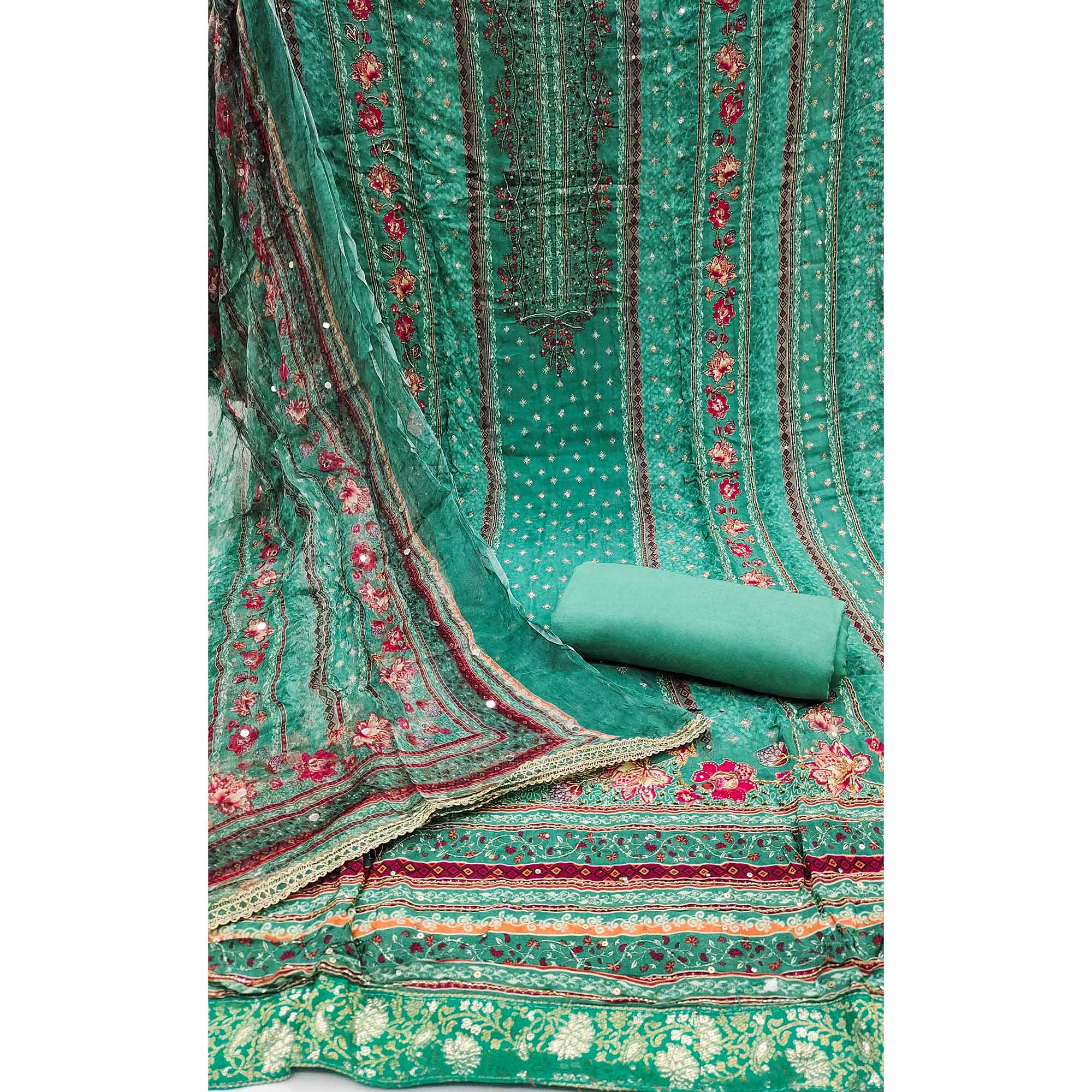 Rama Green Embroidered With Printed Work Crepe Dress Material