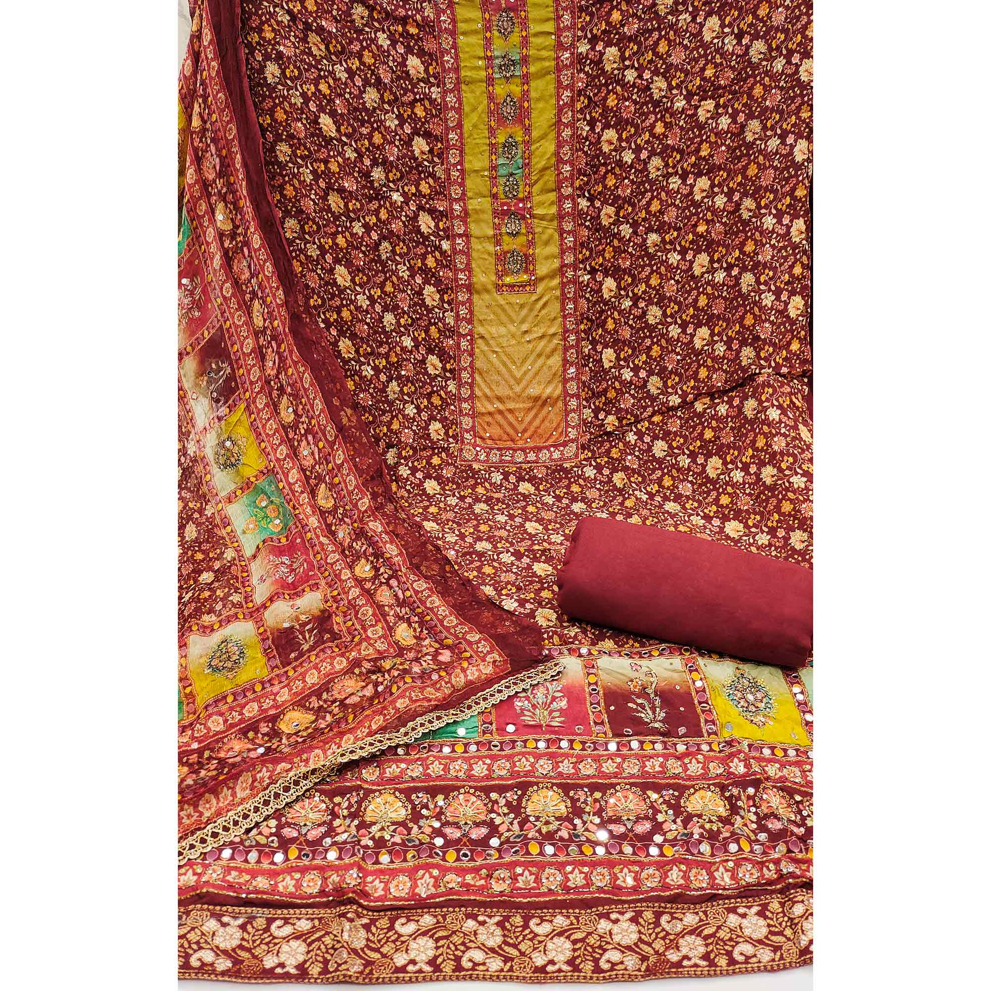 Maroon Embroidered With Printed Work Muslin Dress Material