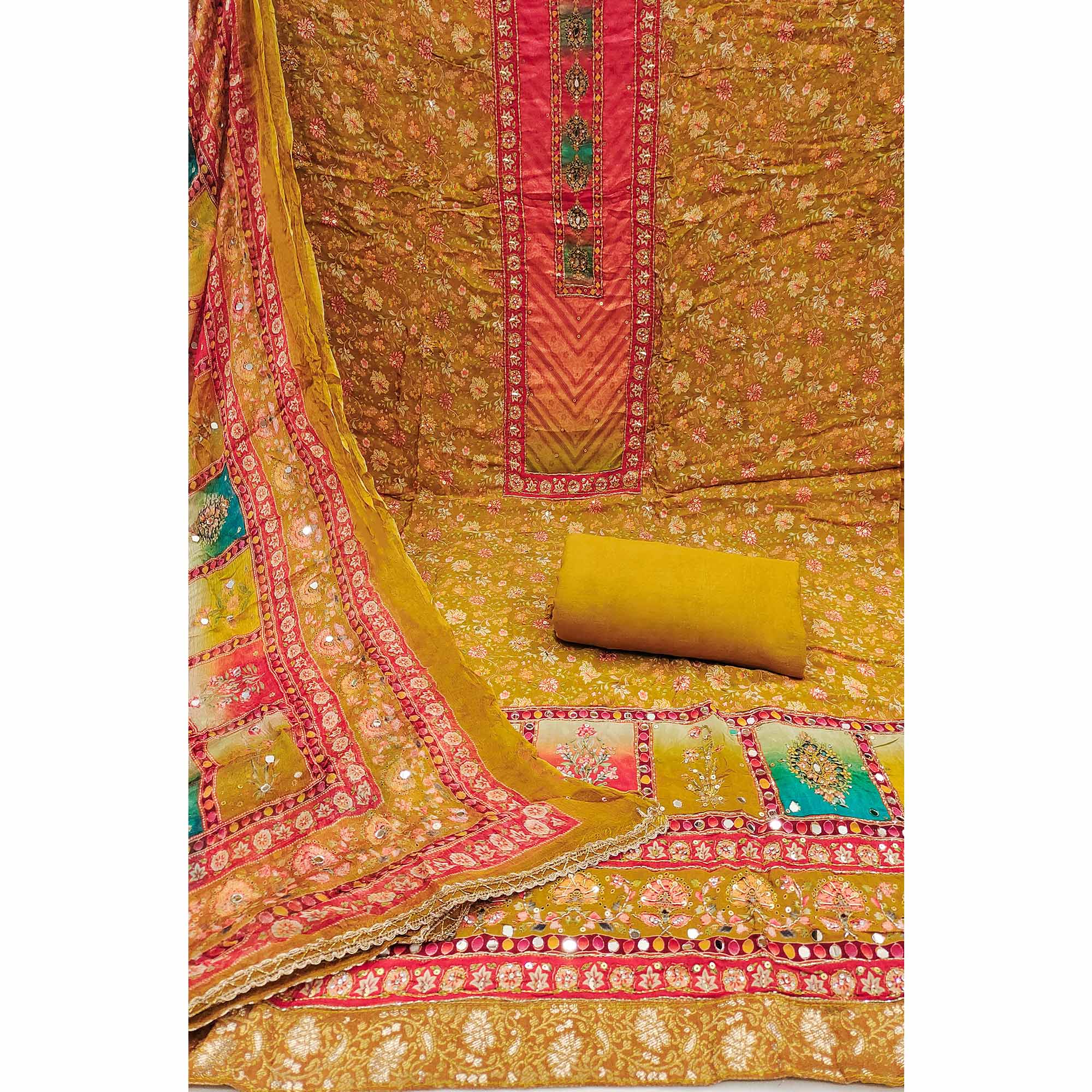 Mustard Embroidered With Printed Work Muslin Dress Material