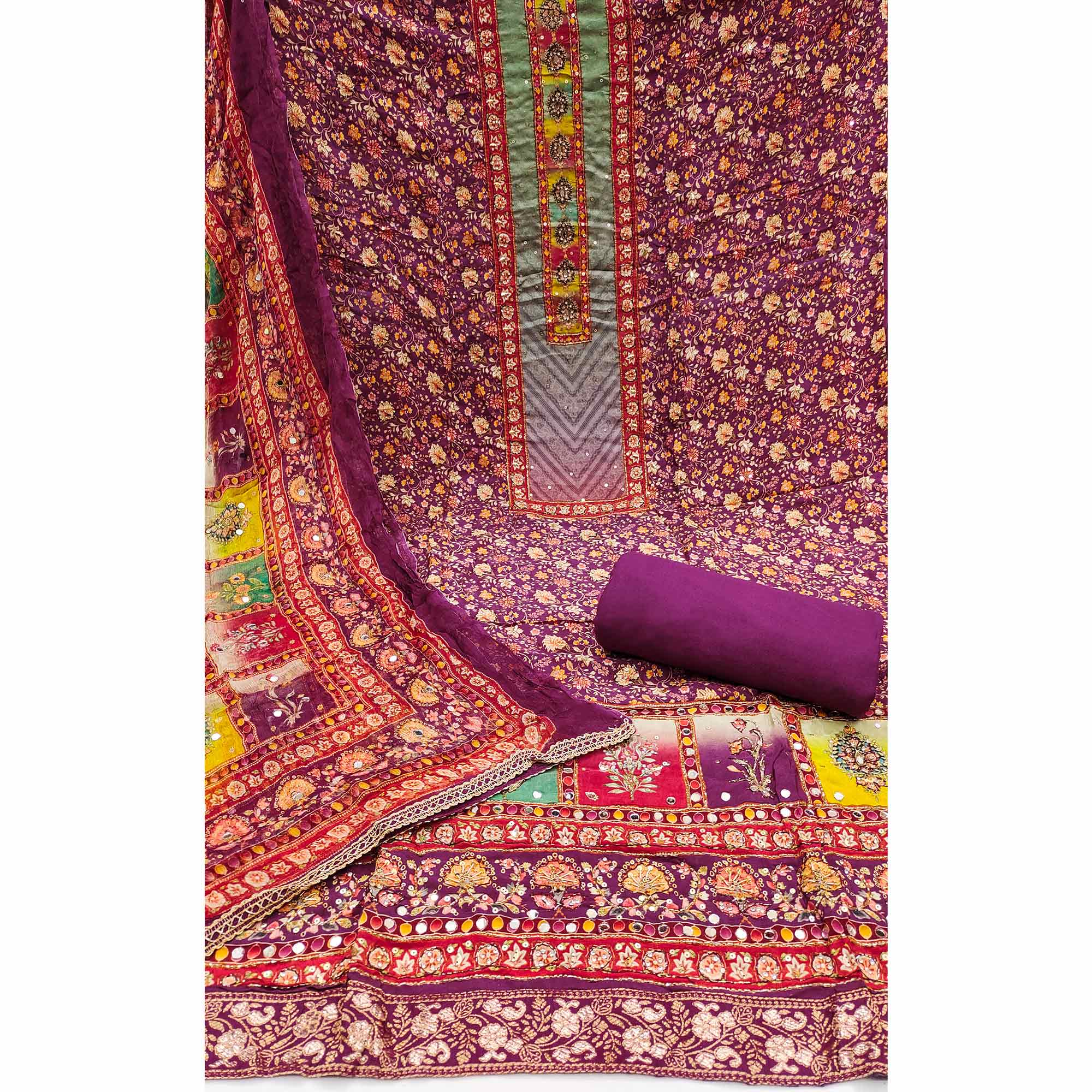 Purple Embroidered With Printed Work Muslin Dress Material