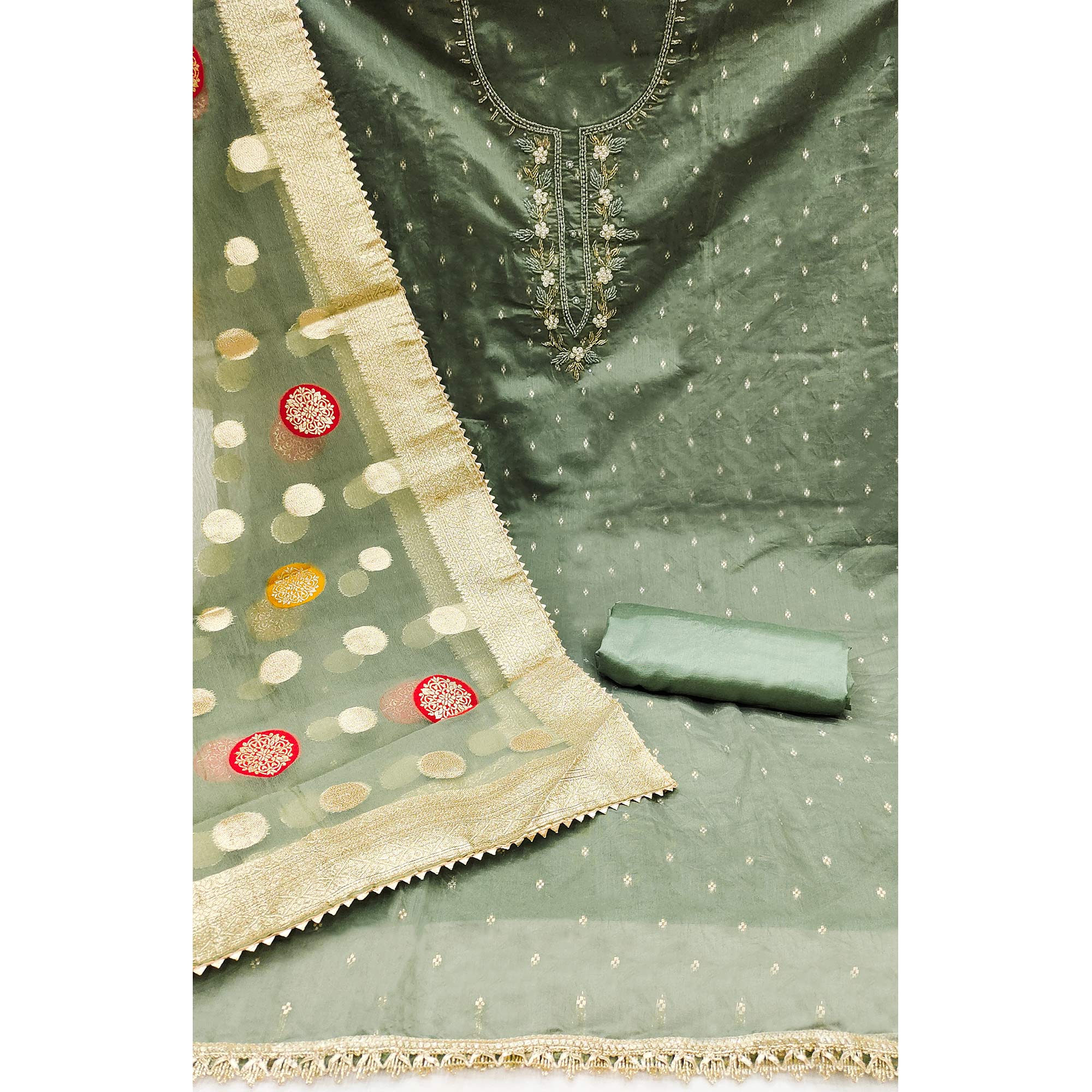Green Hand Embroidered Chanderi Dress Material