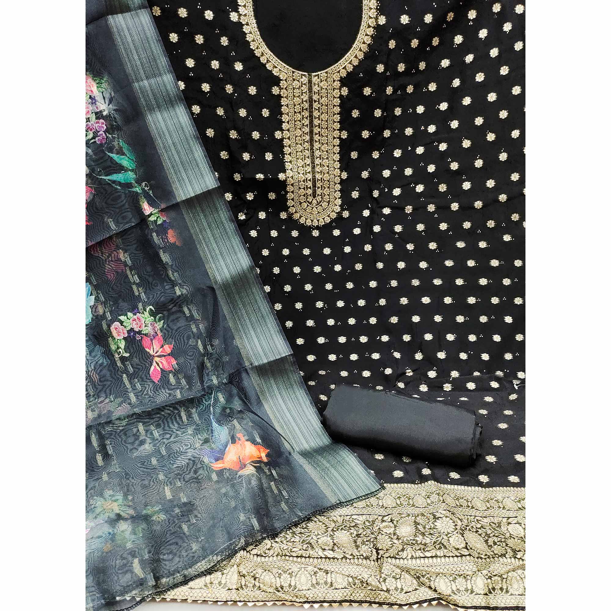 Black Floral Woven Chanderi Dress Material