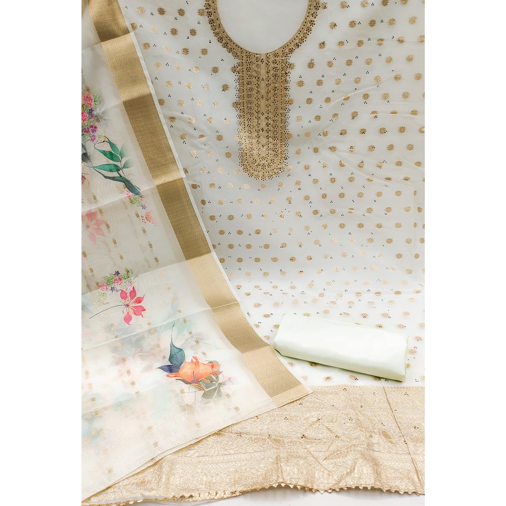 White Butti Design Woven Organza Dress Material