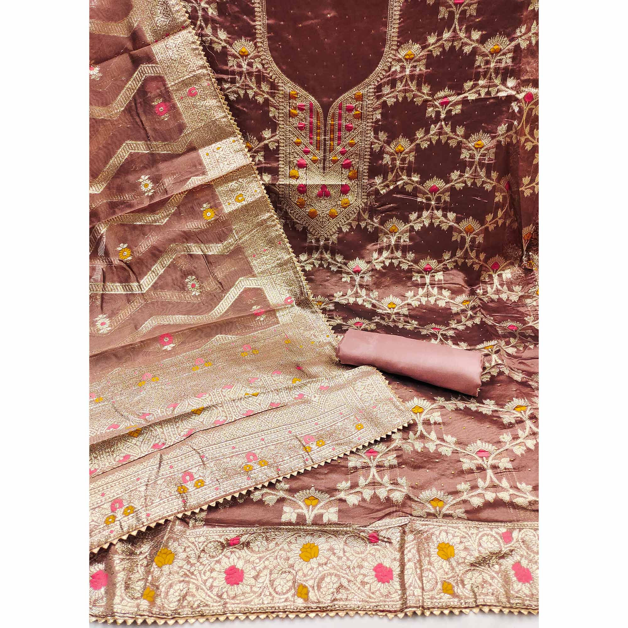 Brown Woven Organza Dress Material