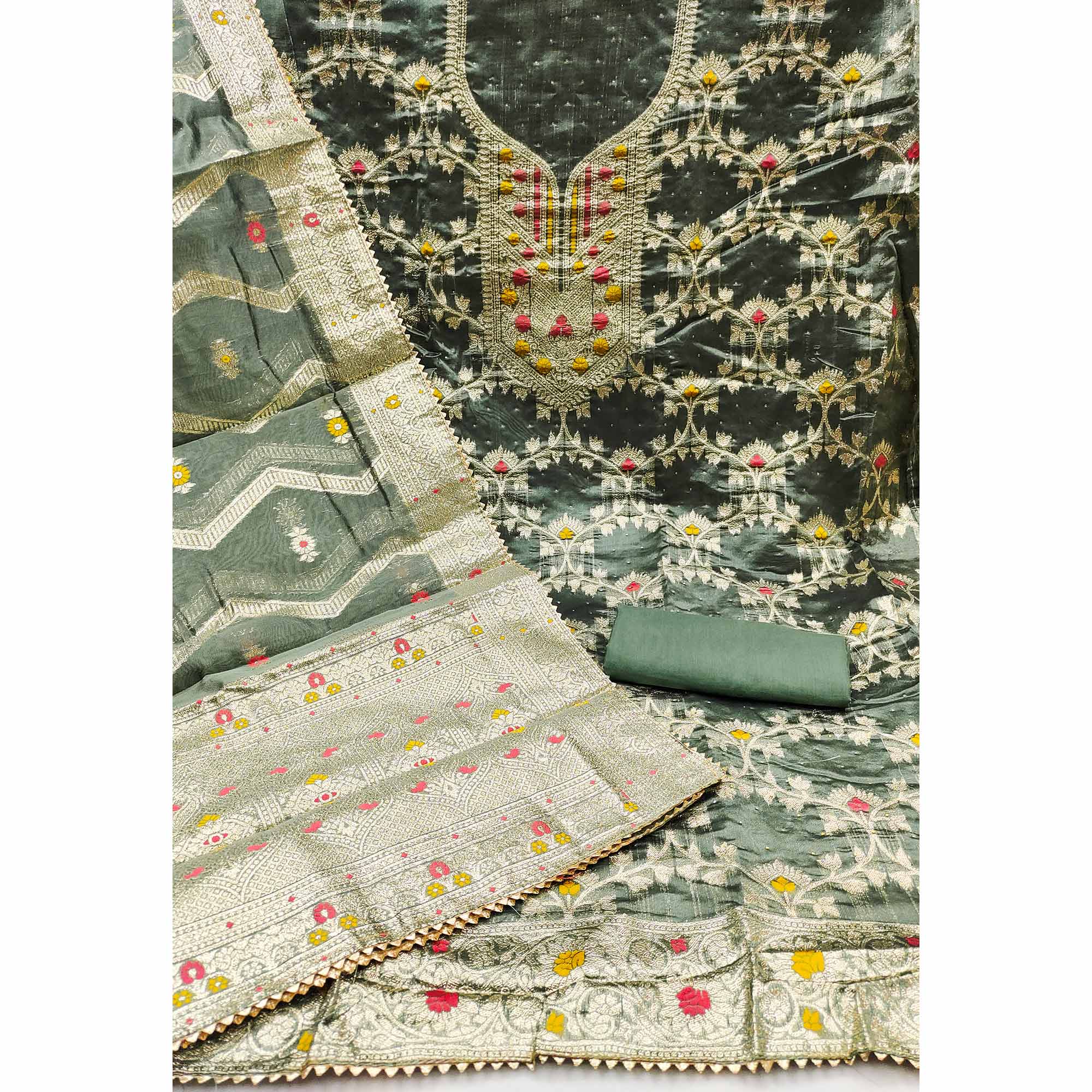 Green Woven Organza Dress Material