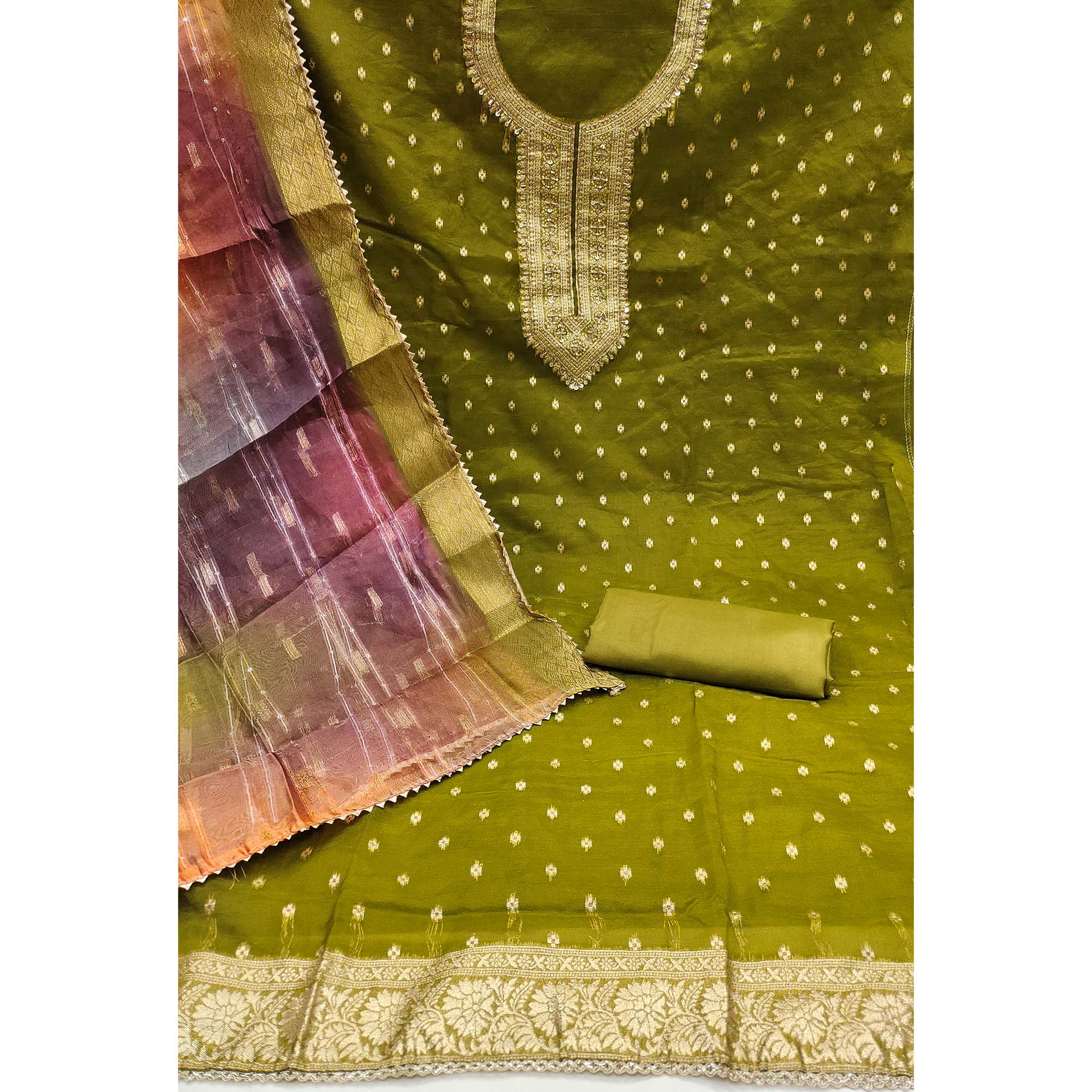 Mehandi Green Butti Design Woven Organza Dress Material