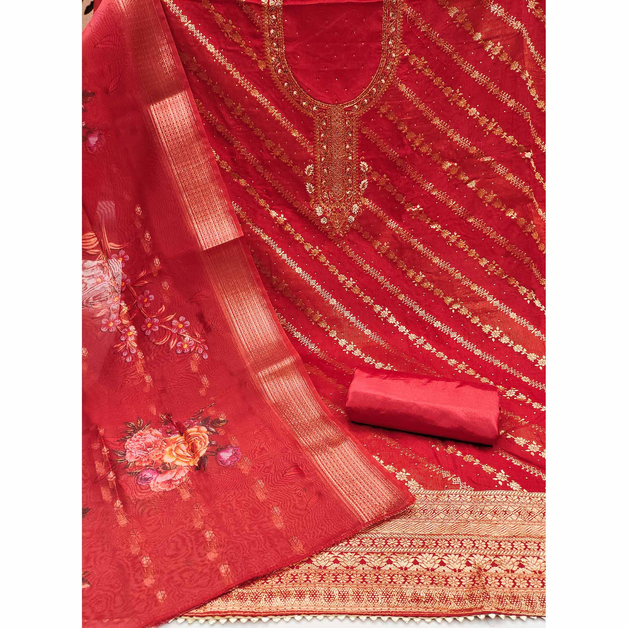 Red Woven Cotton Silk Dress Material