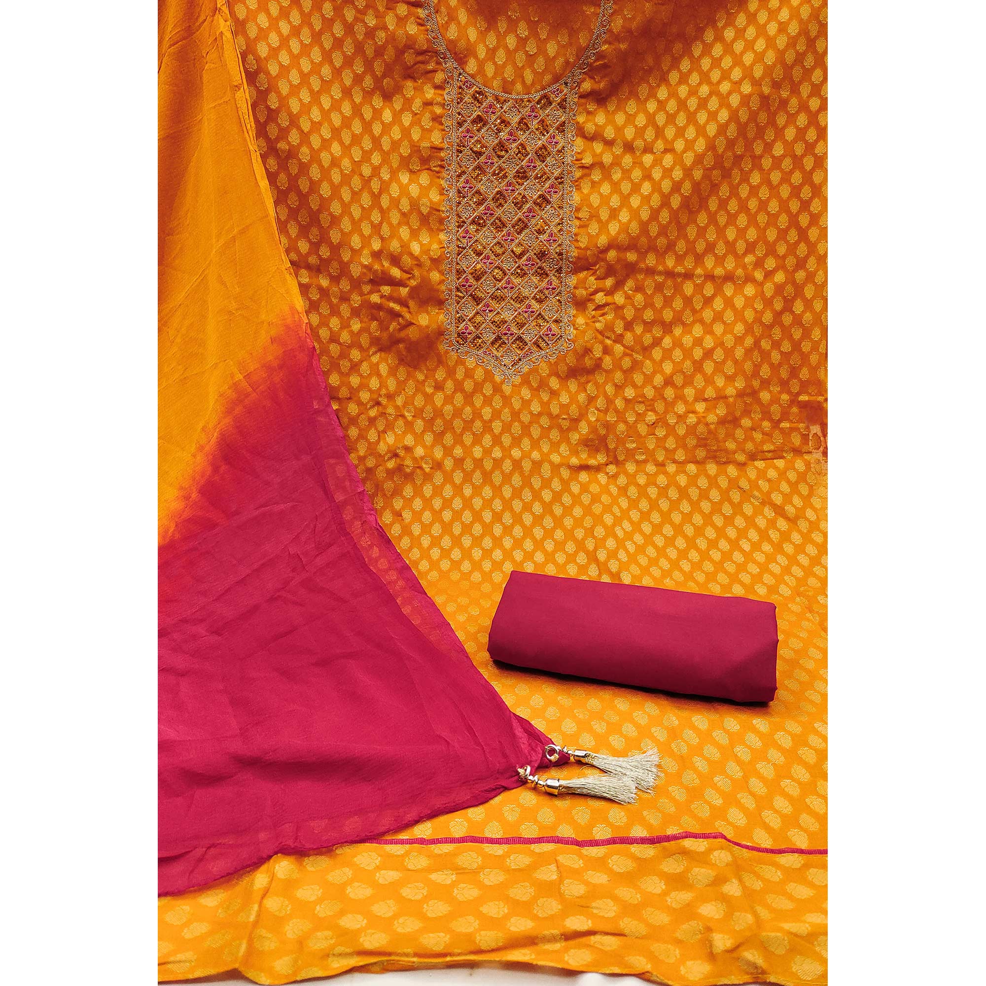 Yellow Butti Design Woven Jacquard Dress Material