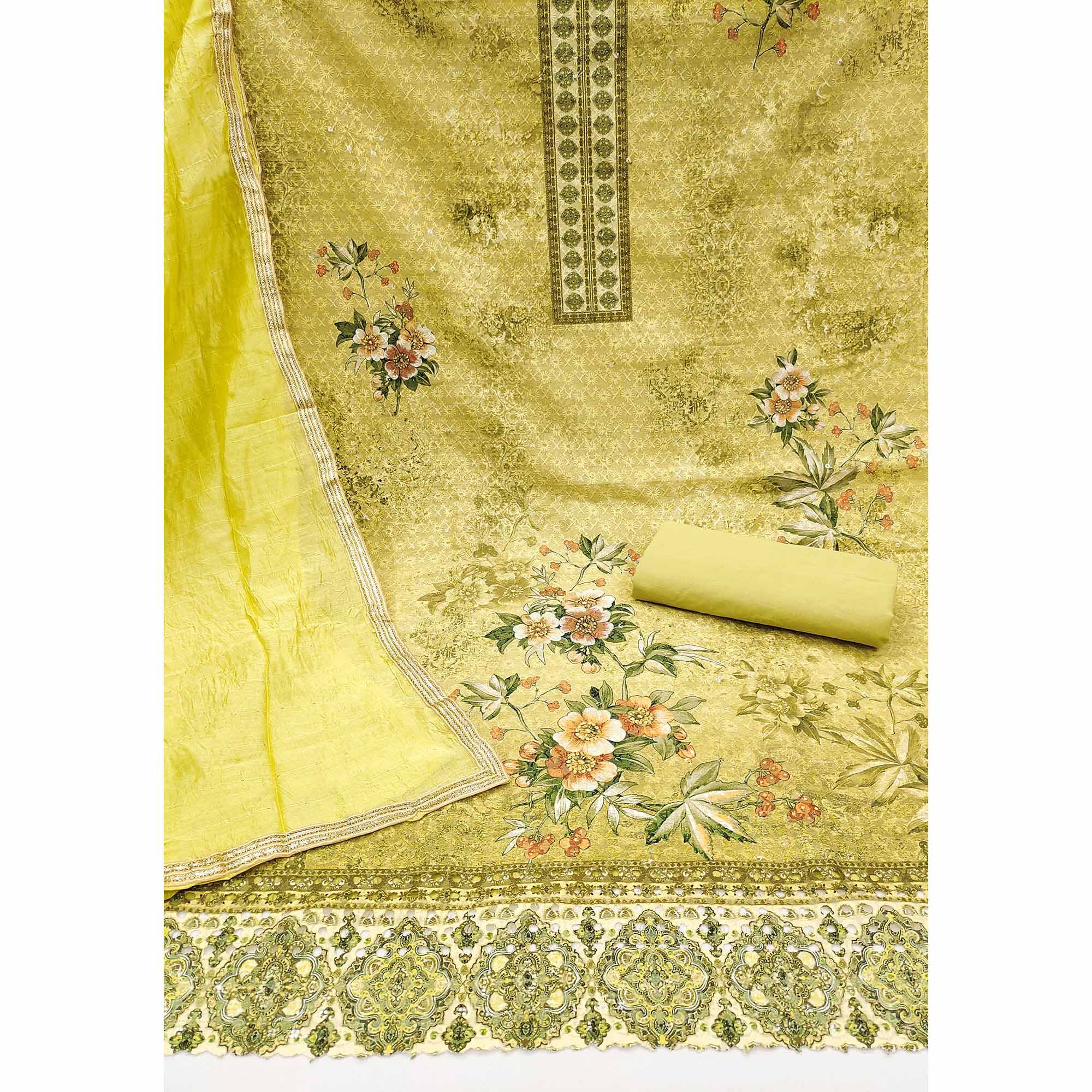 Lemon Green Chikankari With Printed Pure Cotton Dress Material