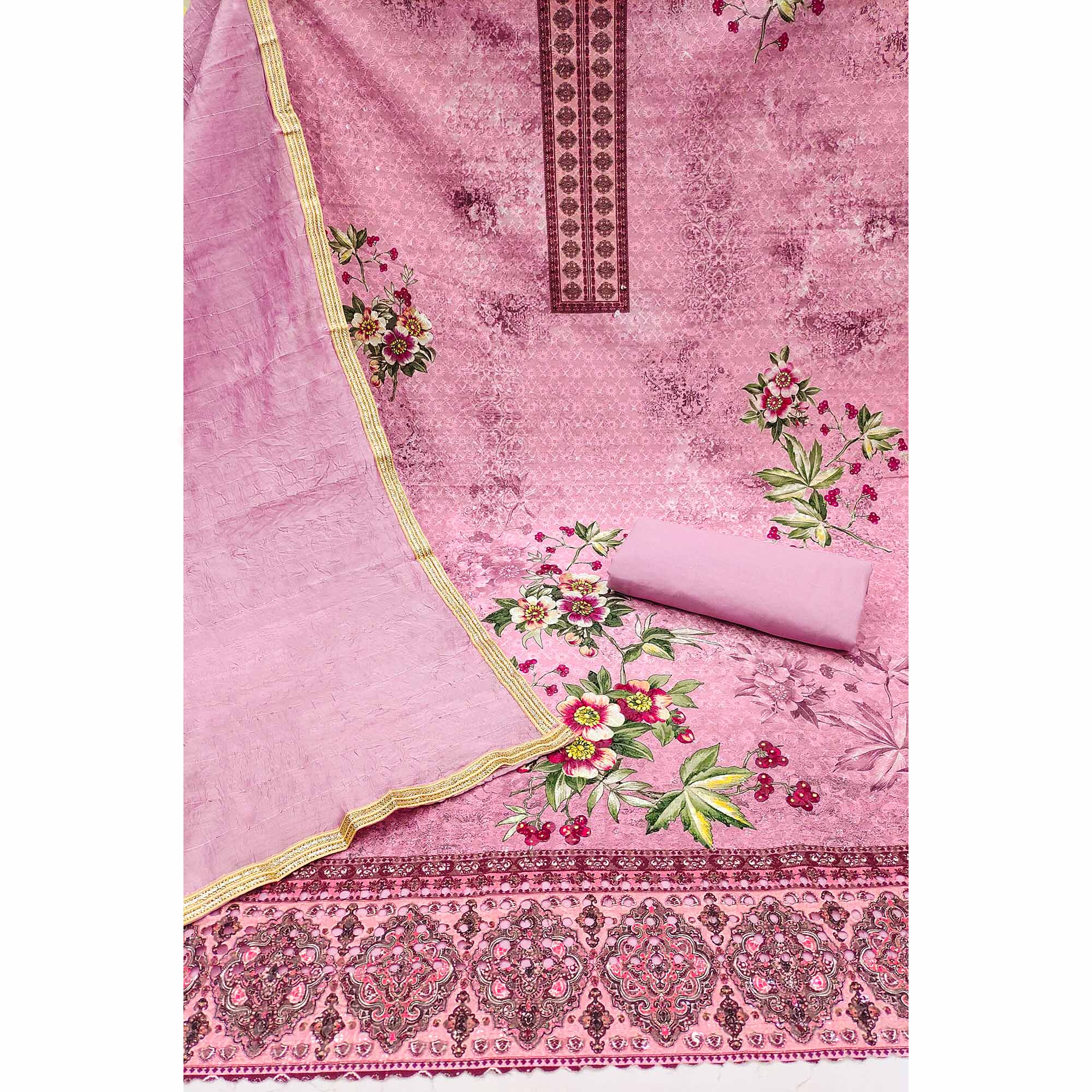 Pink Chikankari With Printed Pure Cotton Dress Material