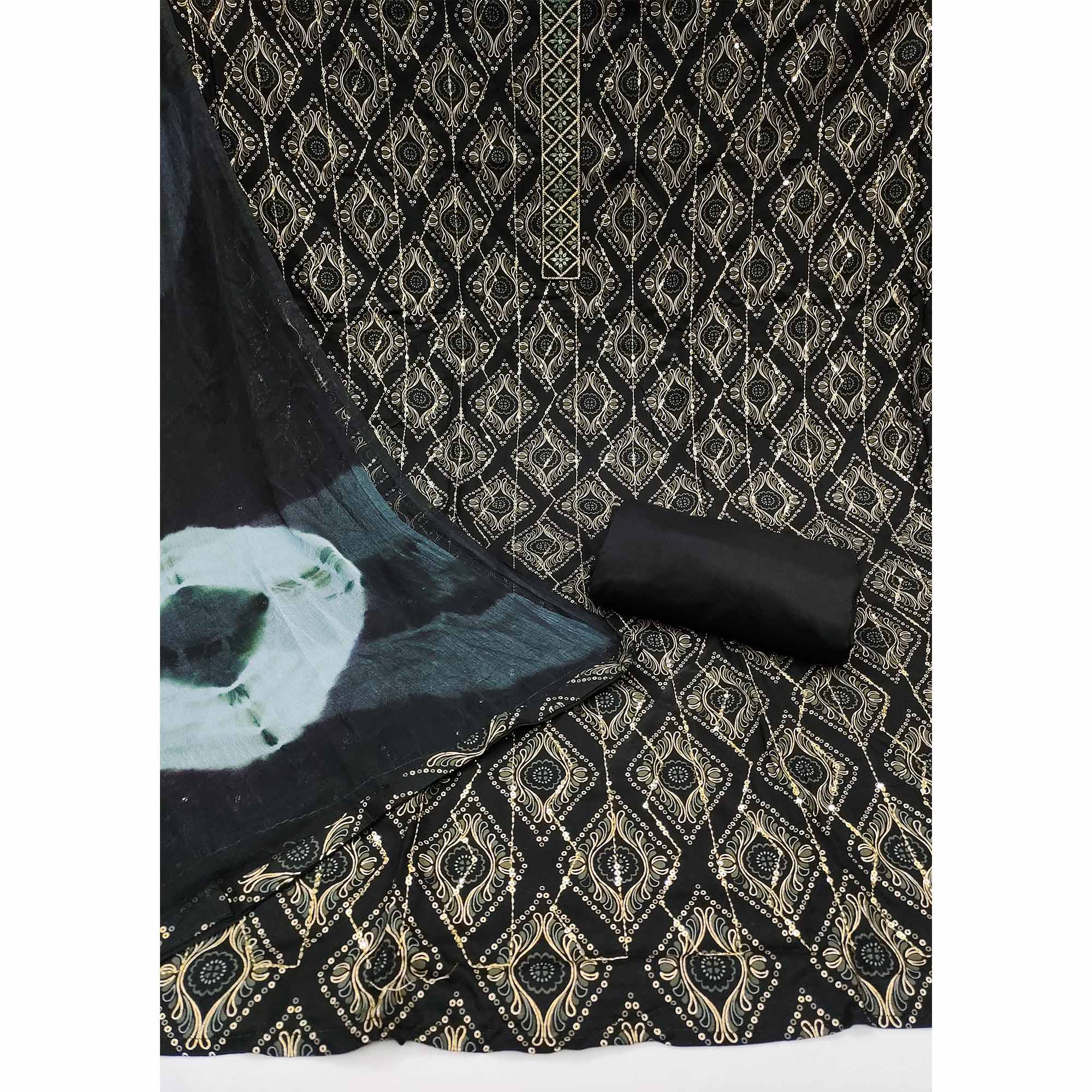 Black Printed With Sequins Work Pure Cotton Dress Material