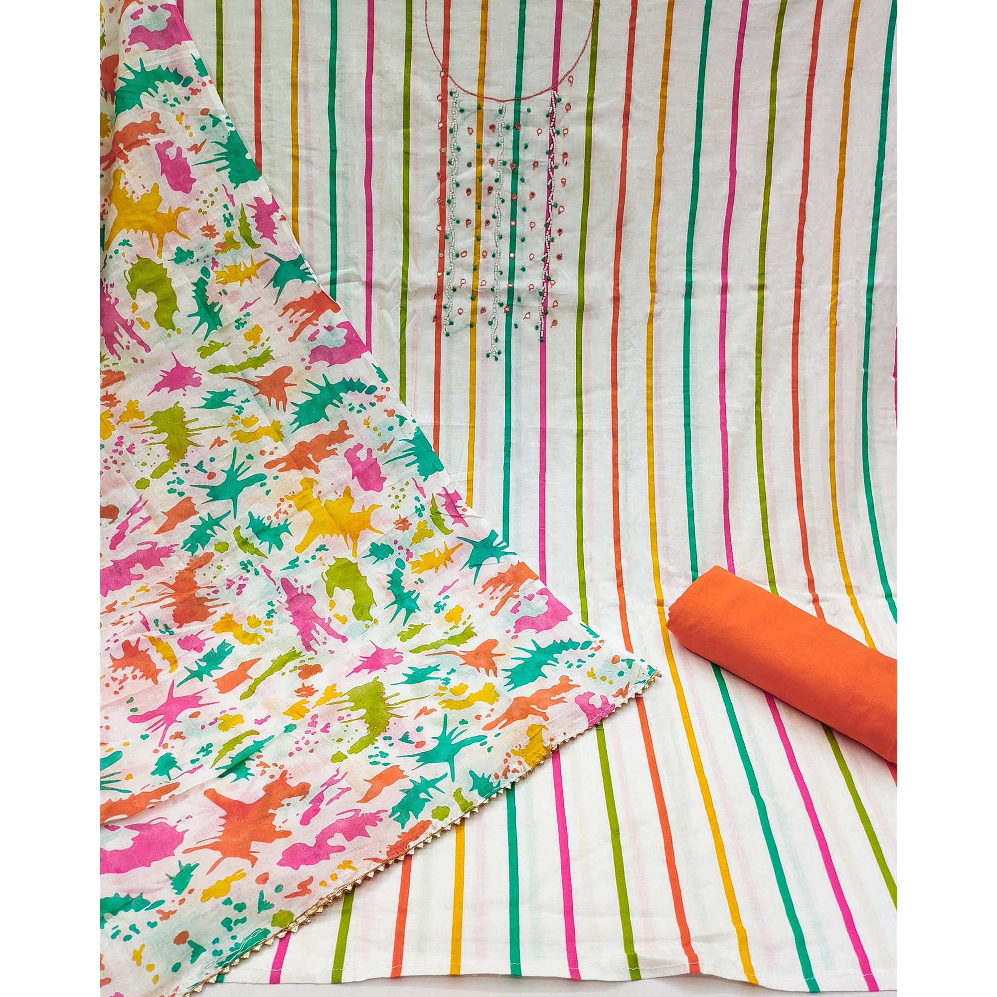 White & Orange Printed With Motiwork Pure Cotton Dress Material