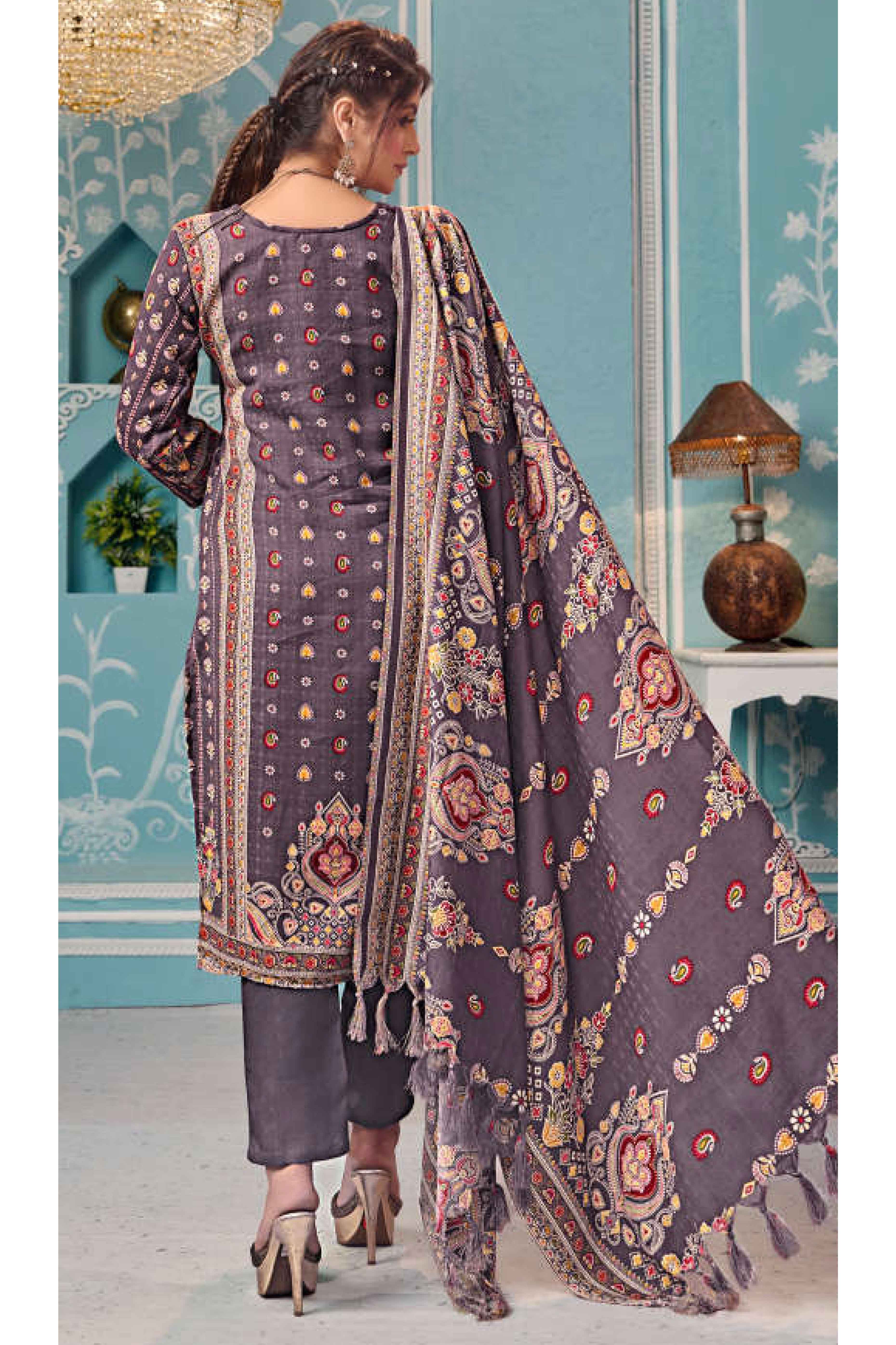 Wine Floral Print Pashmina Fabric Set Designed for Warm and Stylish Ethnic Wear