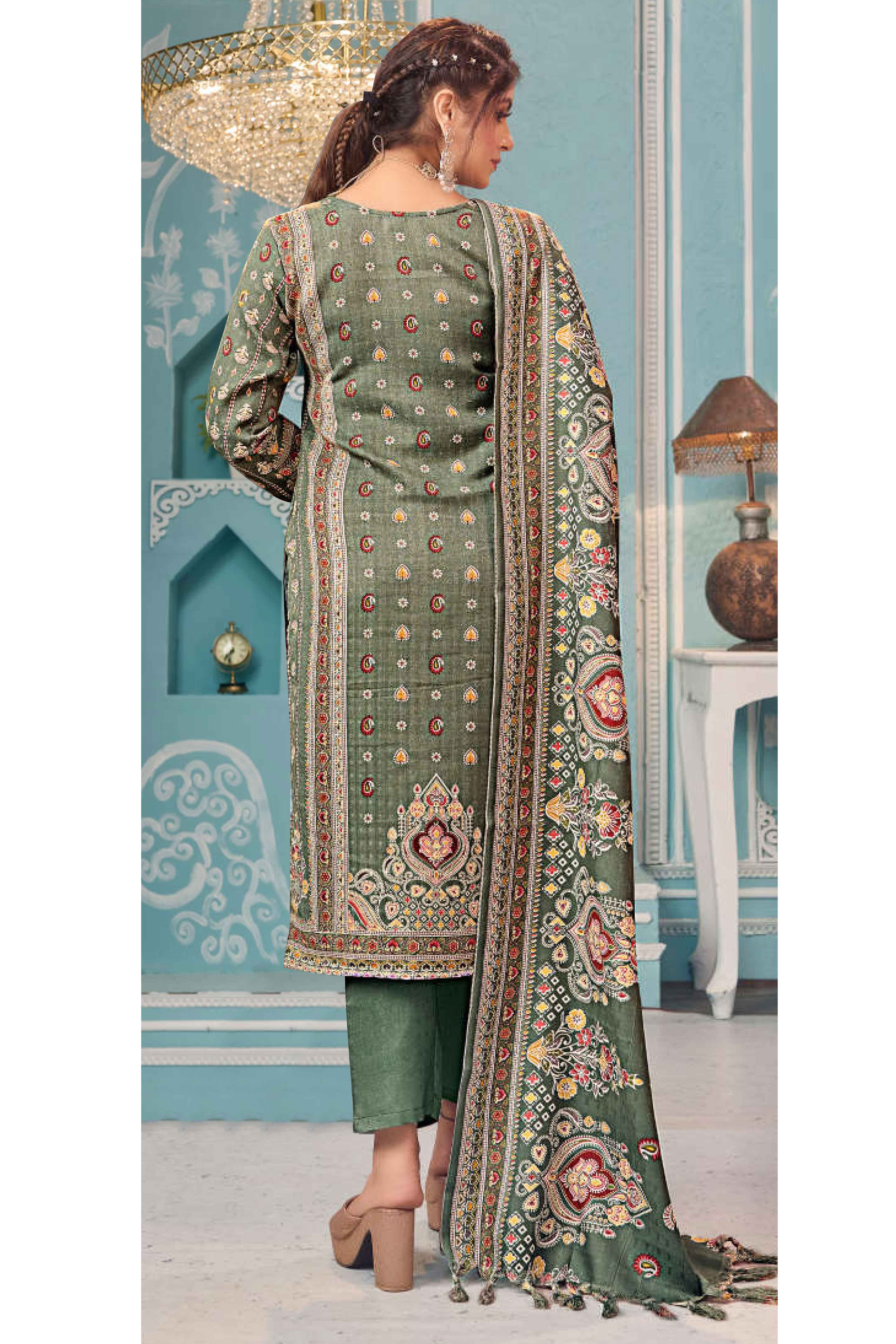 Sage Green Floral Print Pashmina Fabric Set Designed for Warm and Stylish Ethnic Wear