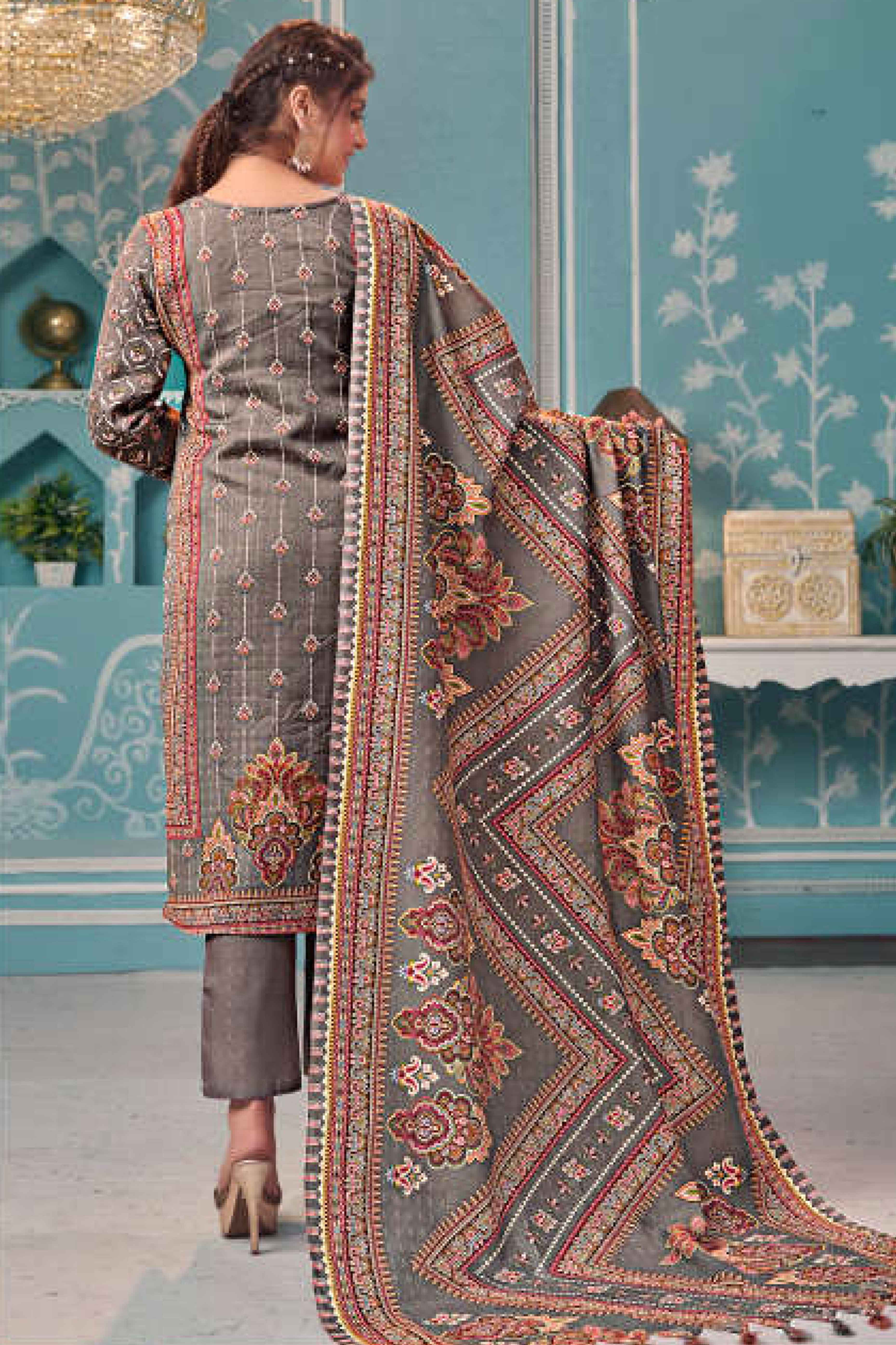 Grey Floral Print Pashmina Fabric Set Designed for Warm and Stylish Ethnic Wear