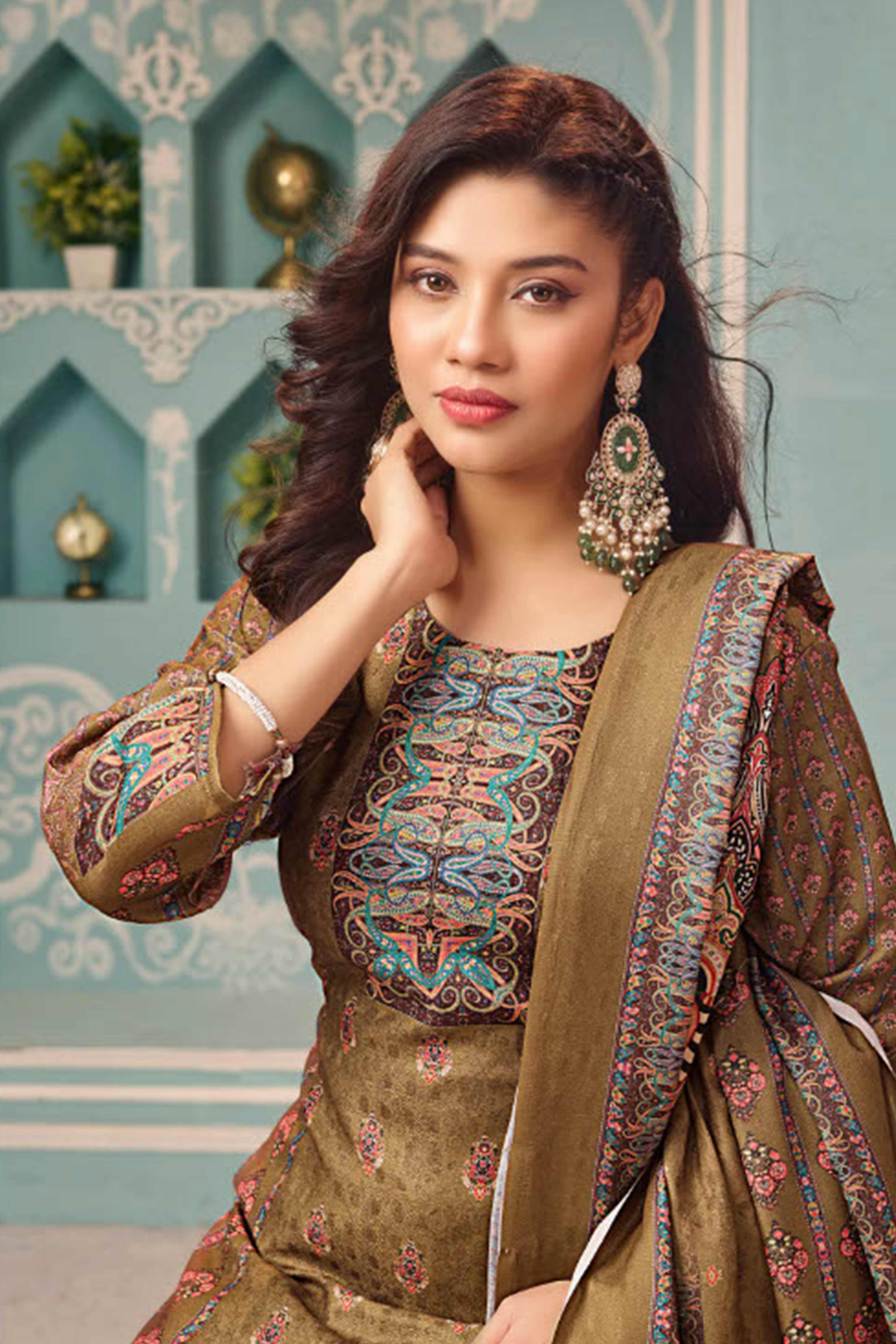 Olive Stylish Floral Printed Pashmina Dress Material for Graceful Winter Outfits