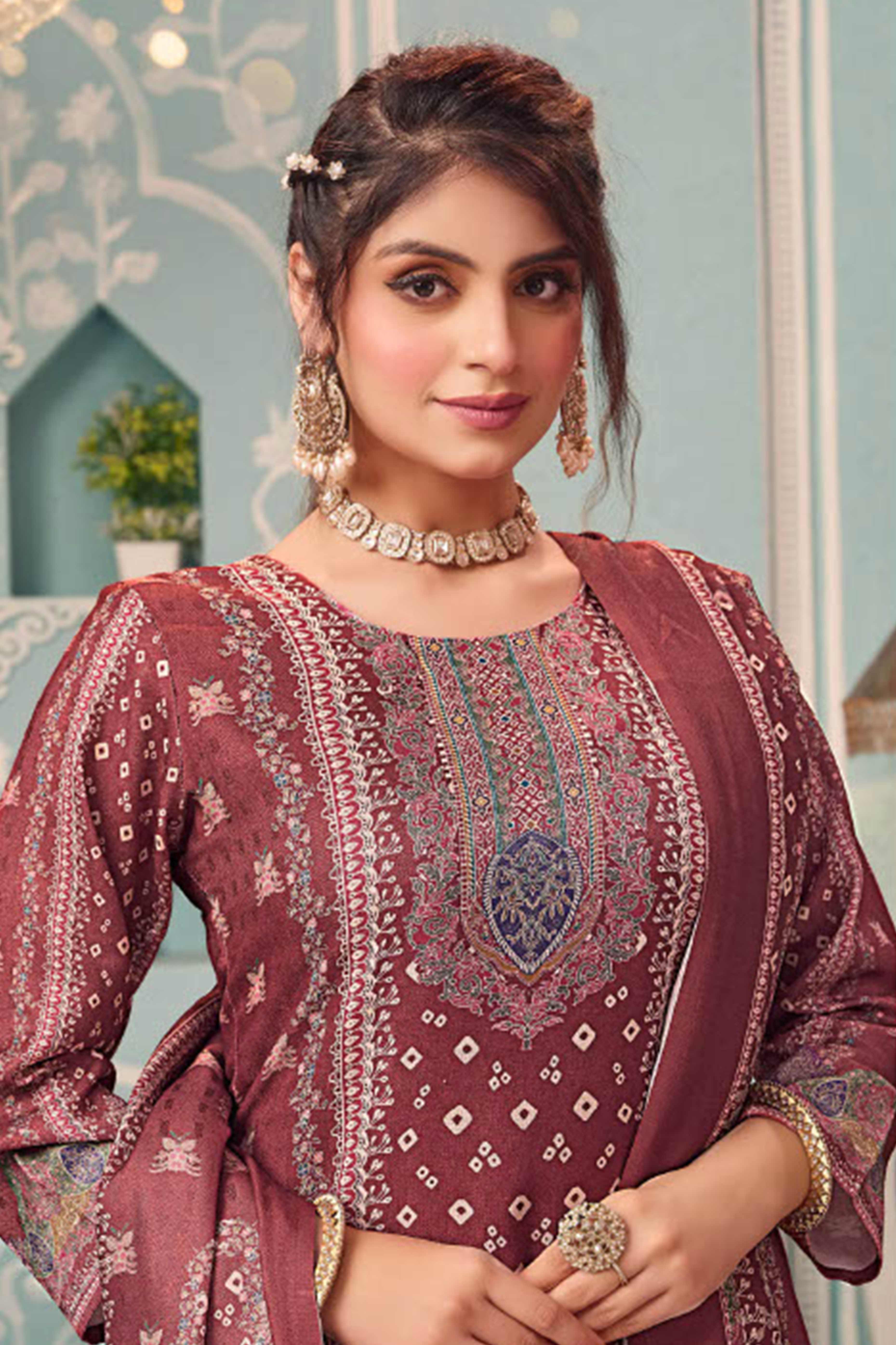 Maroon Stylish Floral Printed Pashmina Dress Material for Graceful Winter Outfits