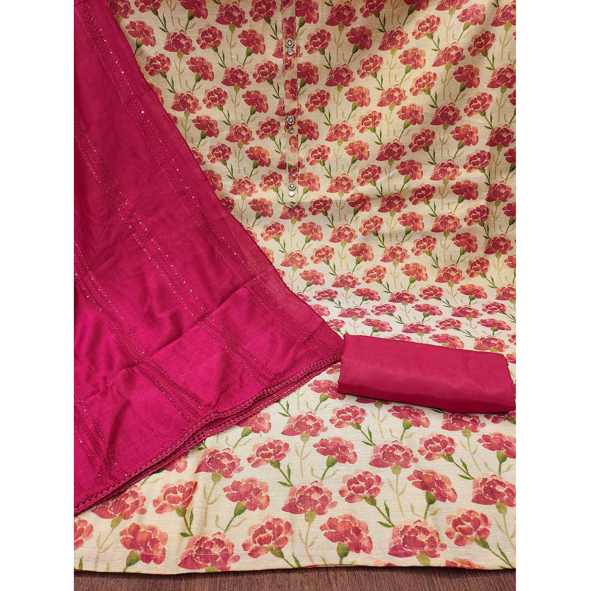 Beige Floral Printed Cotton Silk Dress Material