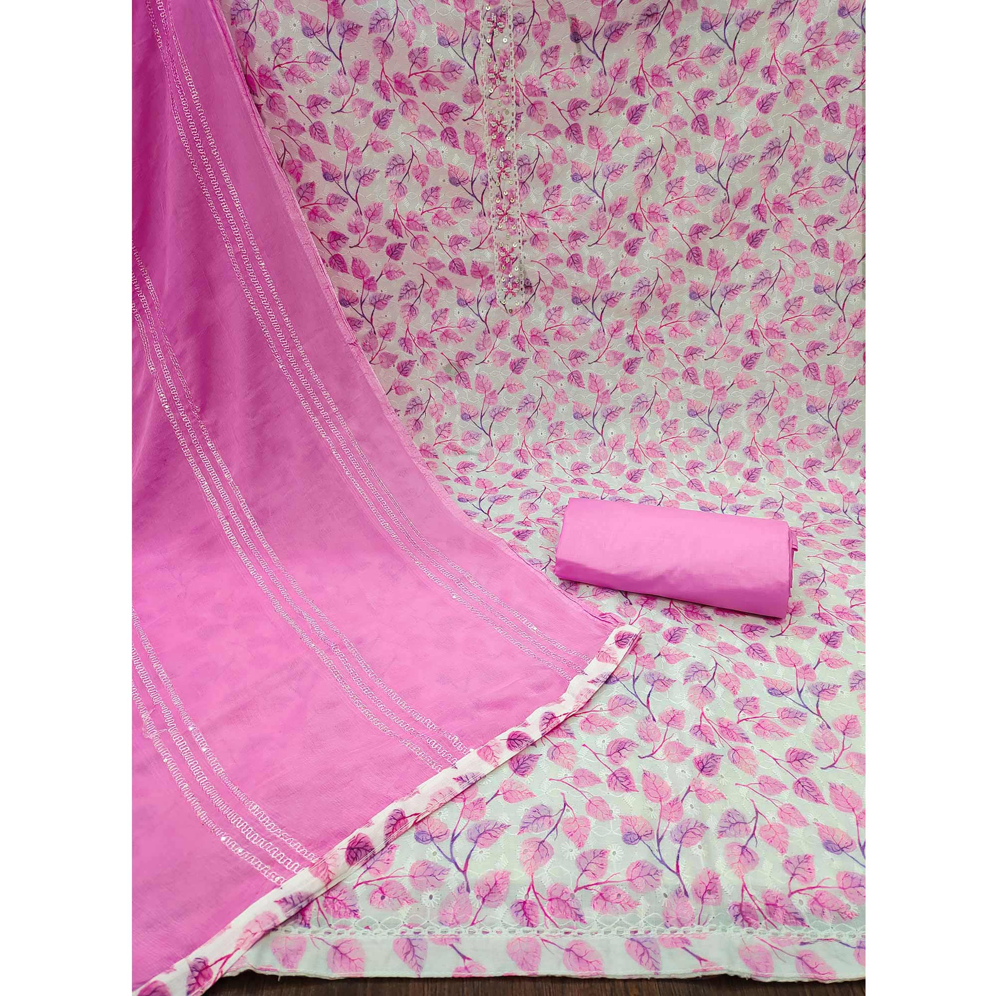White & Pink Printed With Embroidered Pure Cotton Dress Material