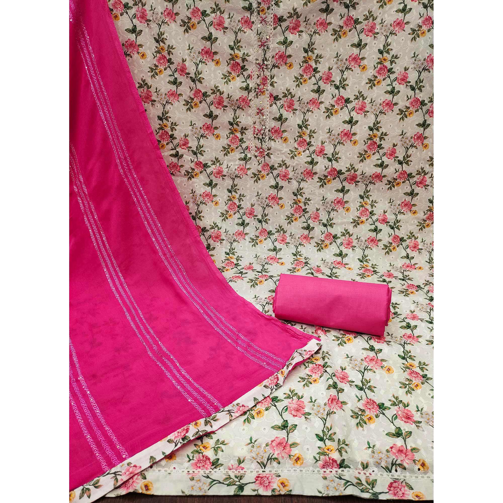 White & Rani Pink Printed With Embroidered Pure Cotton Dress Material