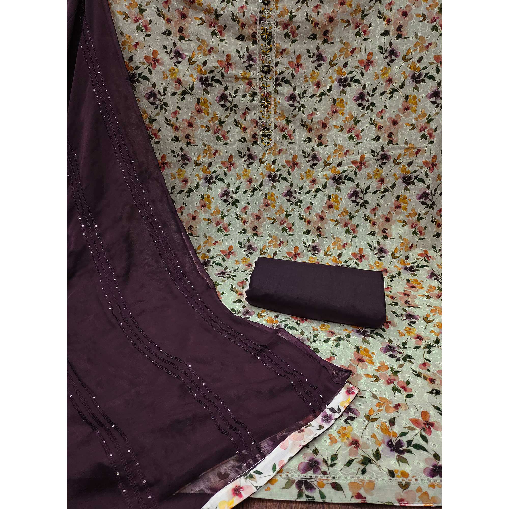 White & Wine Printed With Embroidered Pure Cotton Dress Material