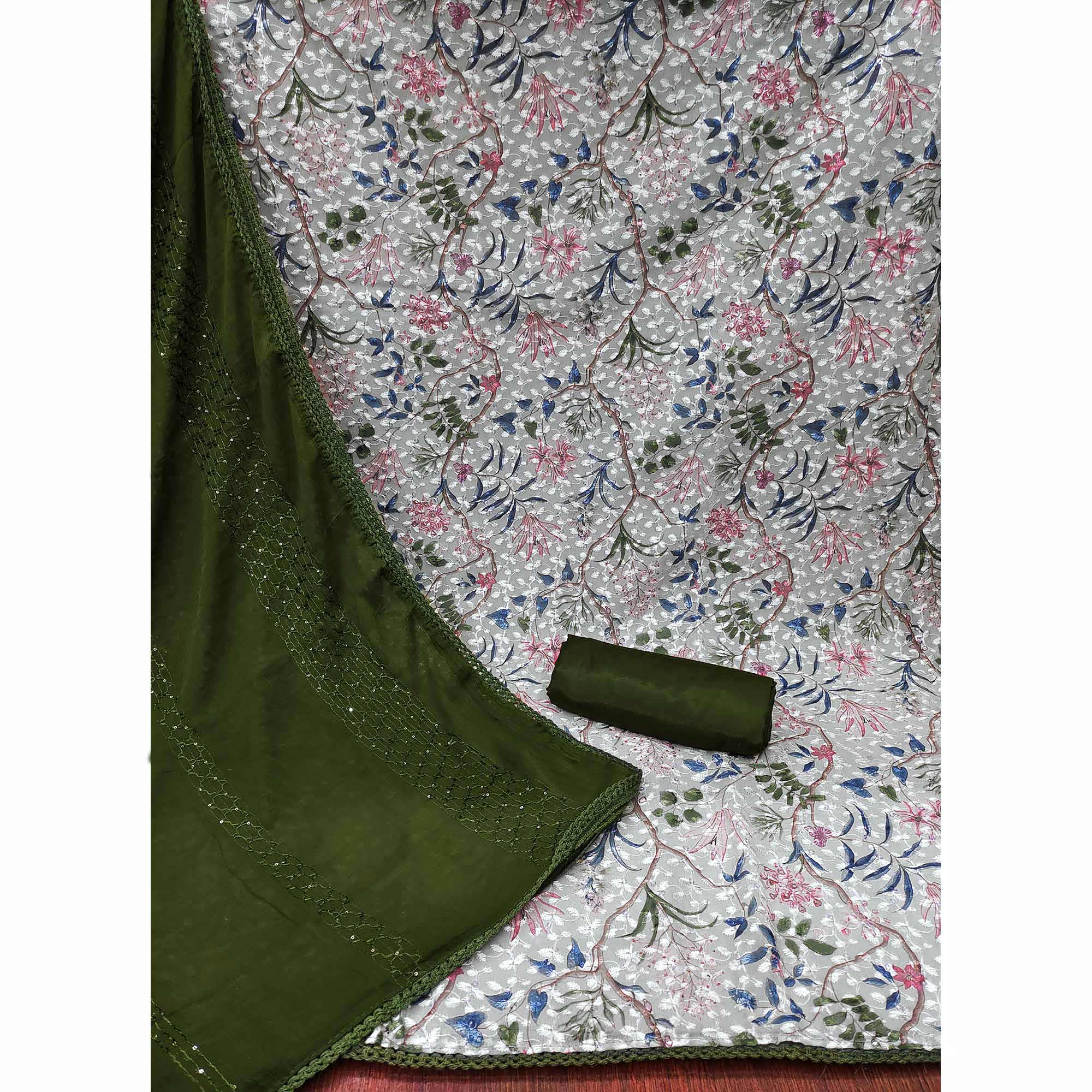 Grey Printed With Embroidered Georgette Dress Material