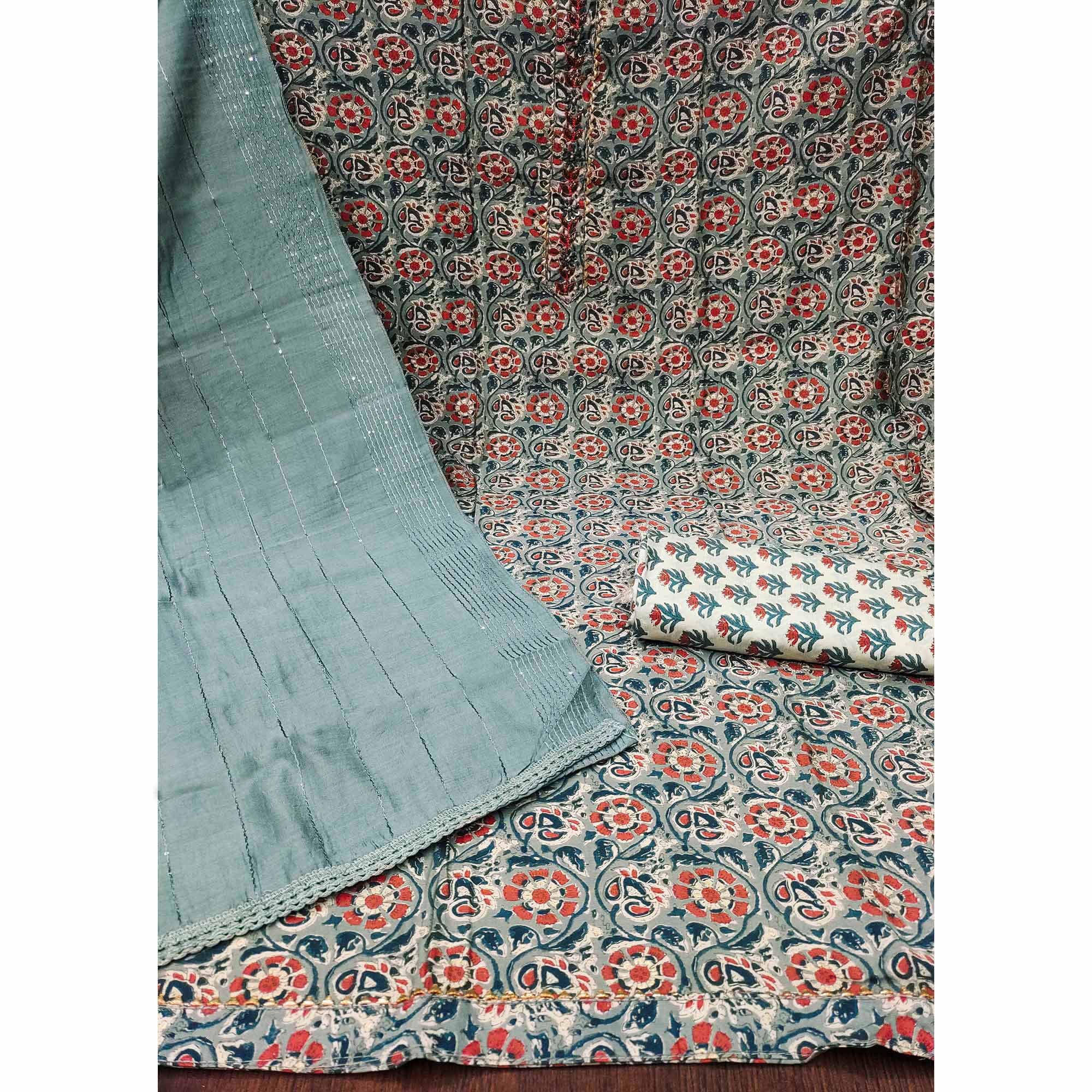 Grey Foil Printed Cotton Silk Dress Material