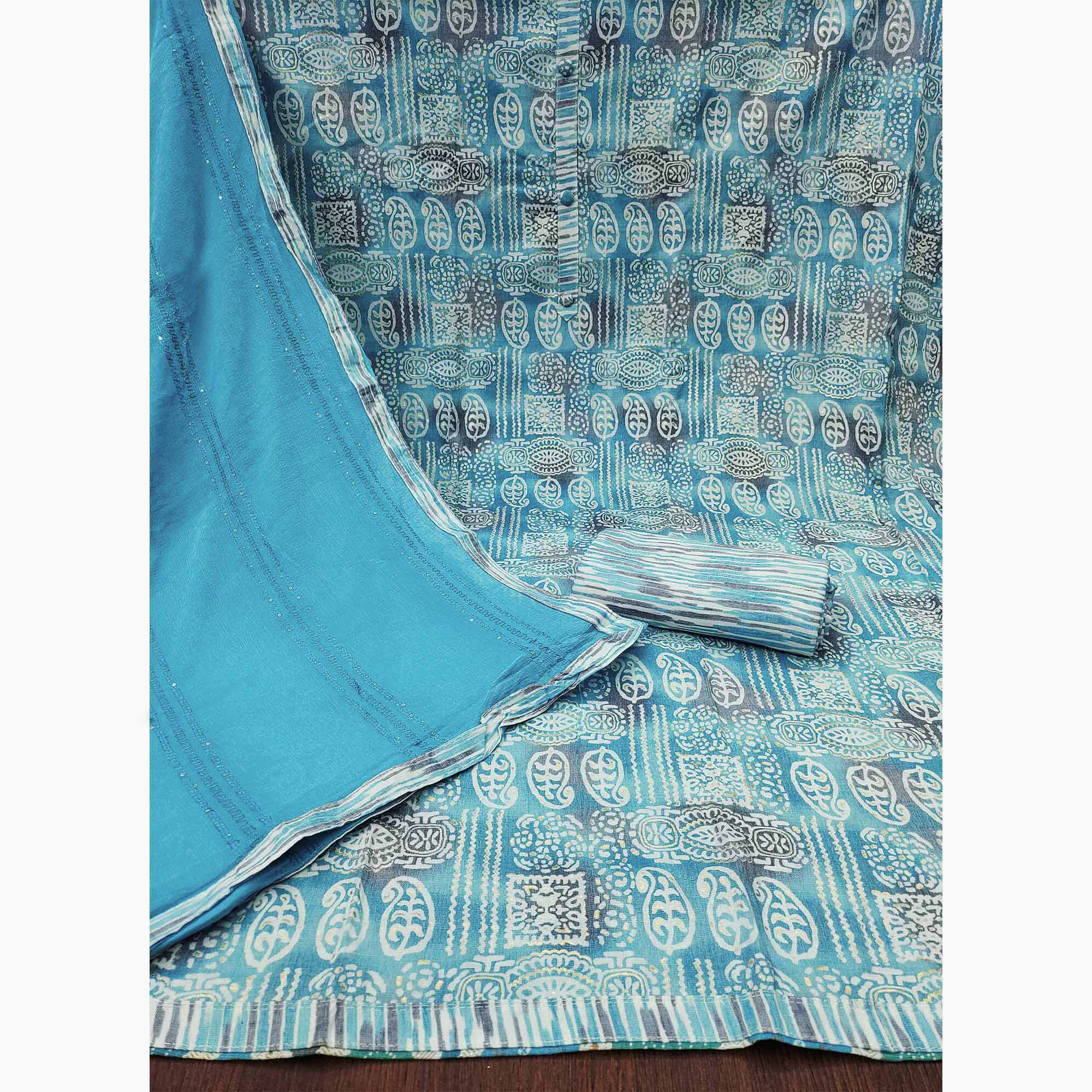 Blue Printed Pure Cotton Dress Material