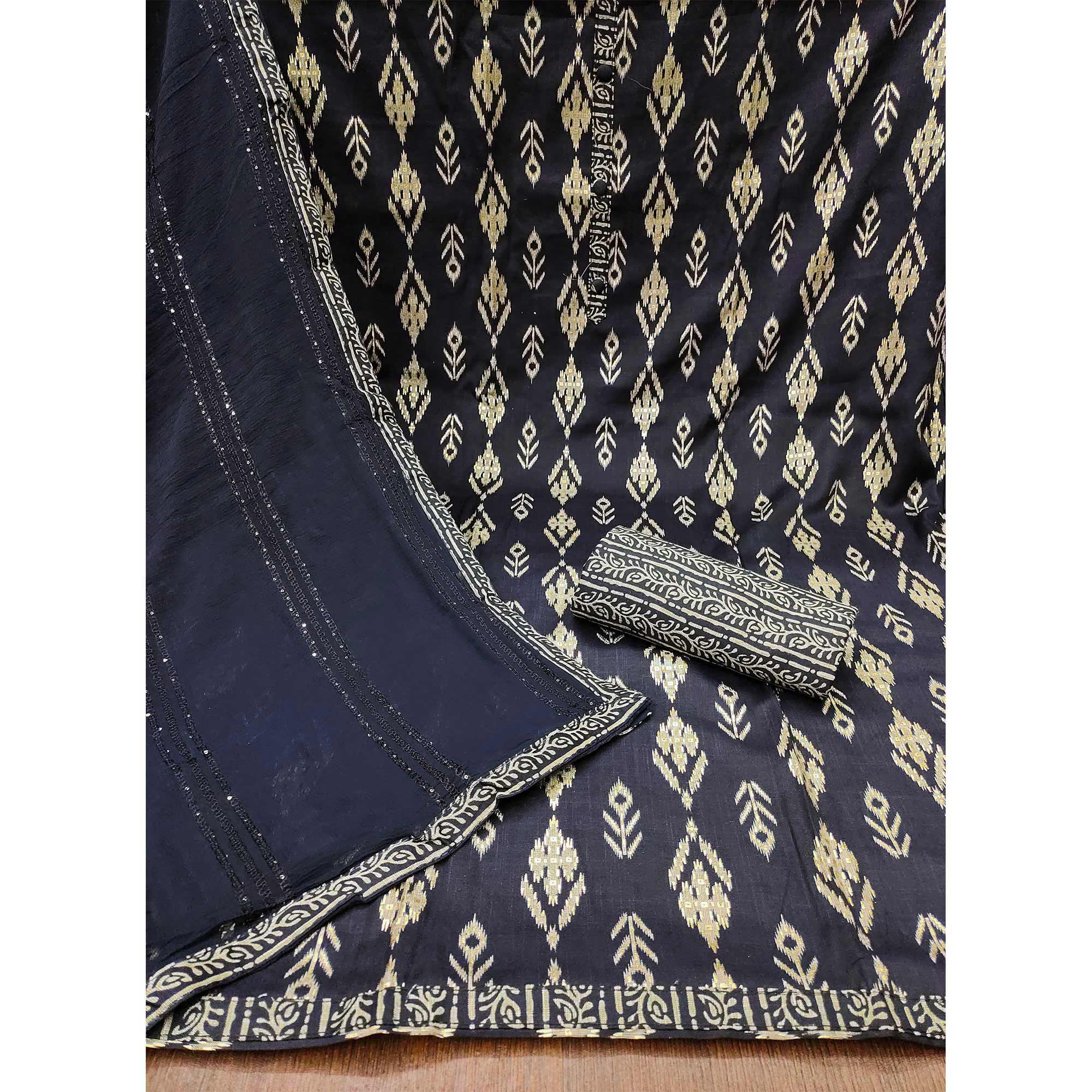 Navy Blue Printed Pure Cotton Dress Material