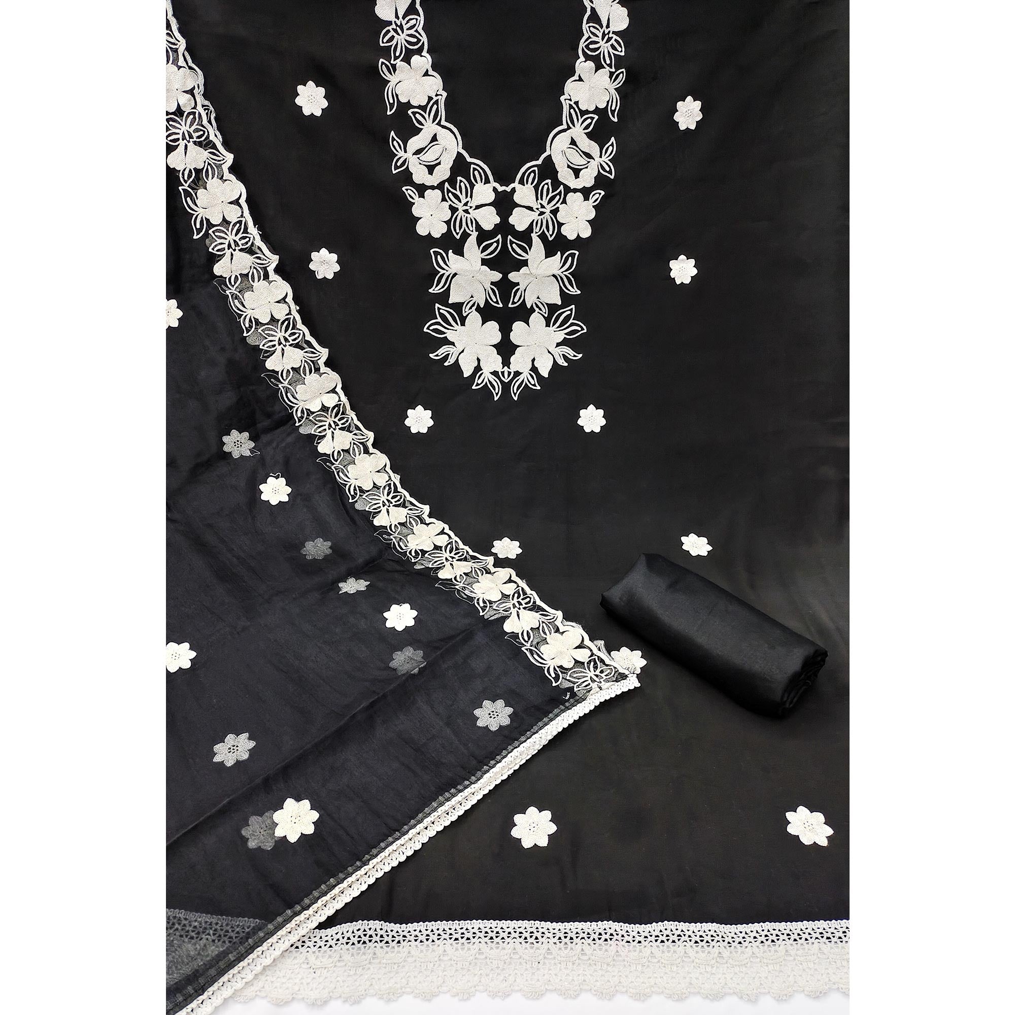 Black Floral Embroidered Roman Cotton Silk Dress Material