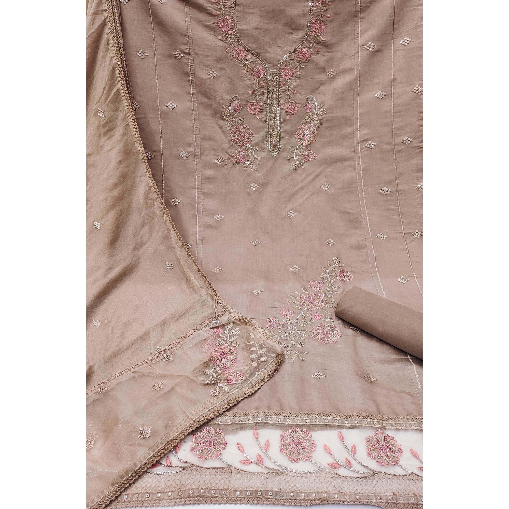 Brown Floral Sequins Embroidered With Stonework Roman Cotton Silk Dress Material