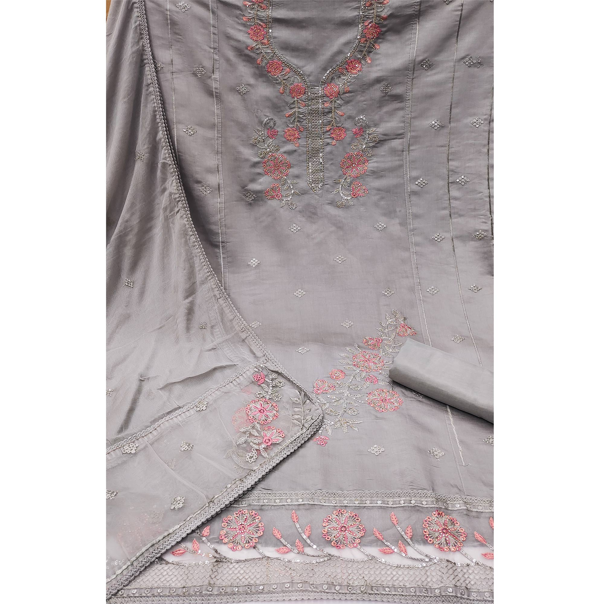 Grey Floral Sequins Embroidered With Stonework Roman Cotton Silk Dress Material