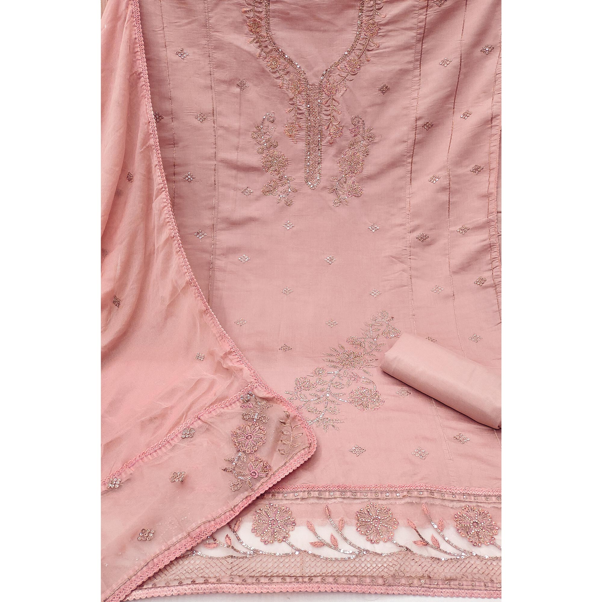 Peach Floral Sequins Embroidered With Stonework Roman Cotton Silk Dress Material