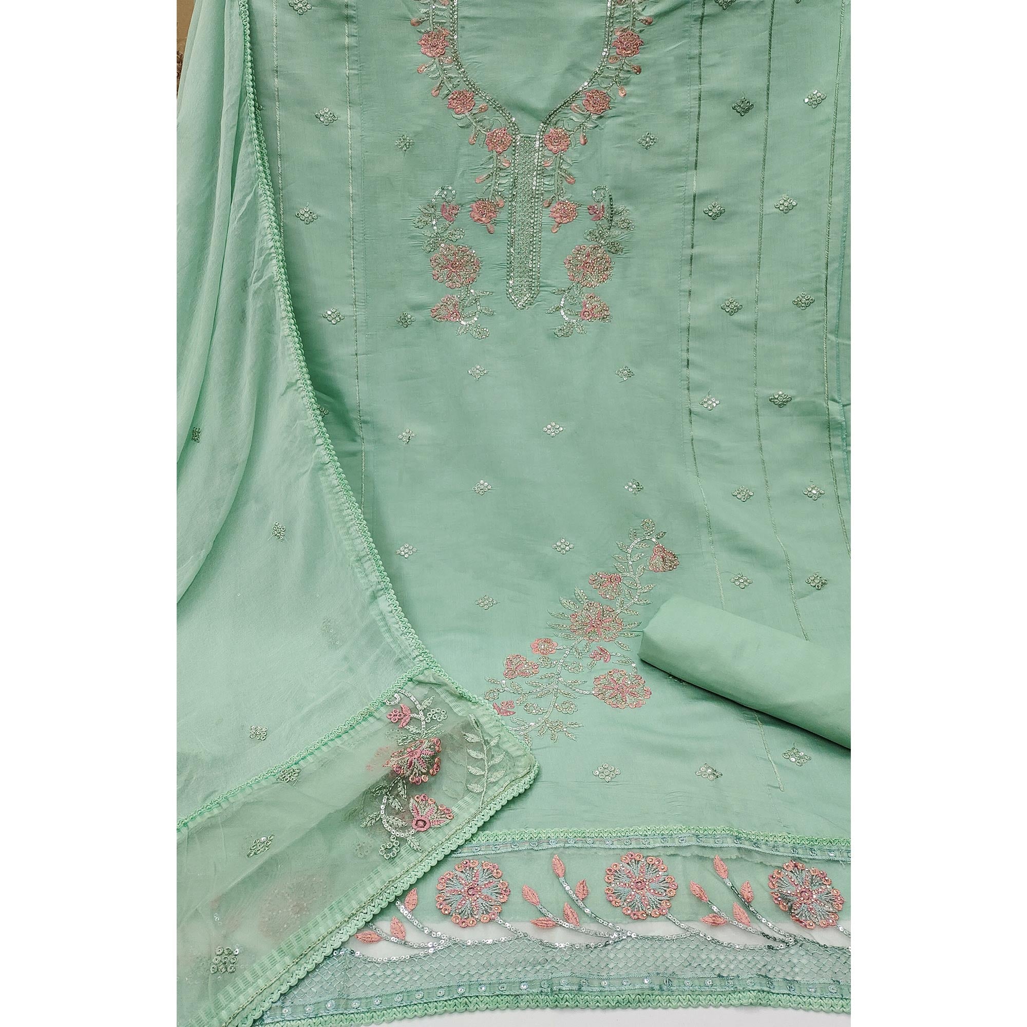 Sea Green Floral Sequins Embroidered With Stonework Roman Cotton Silk Dress Material