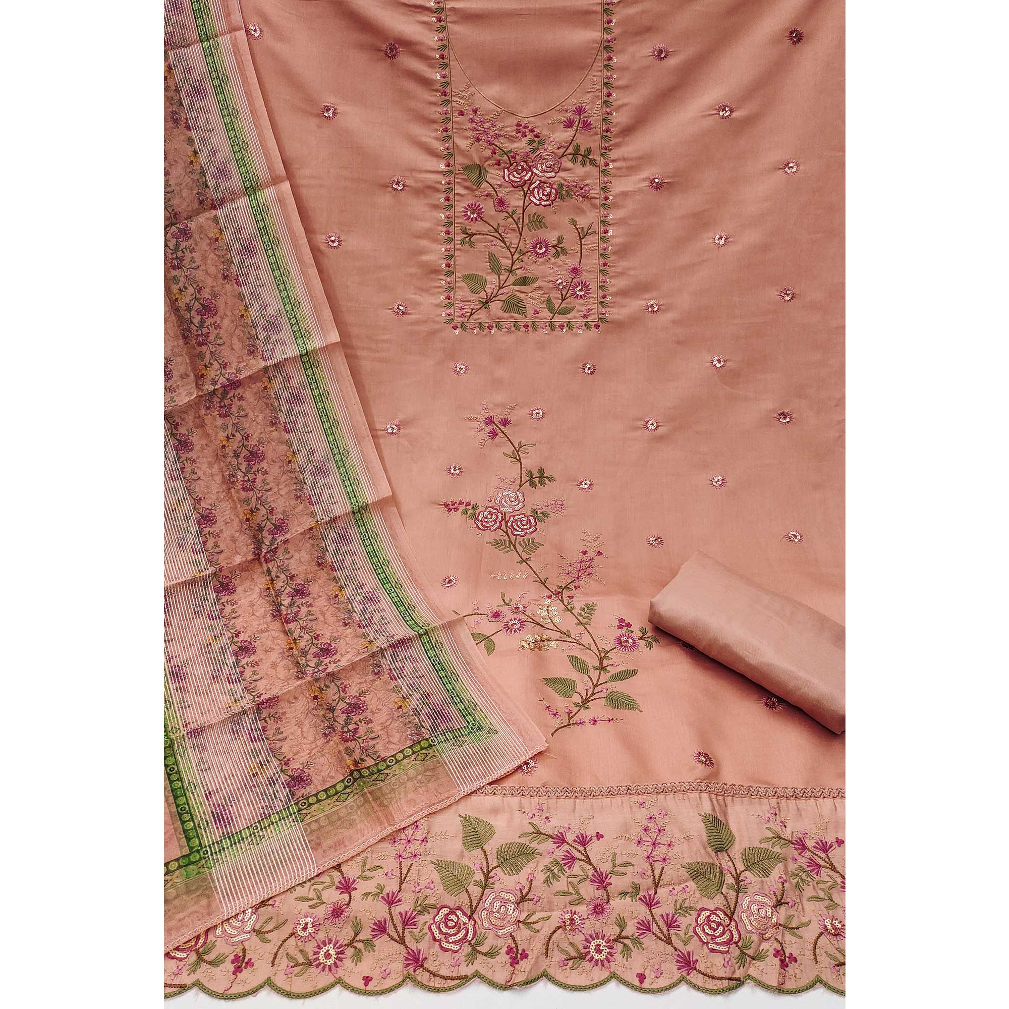 Peach Floral Sequins Embroidered Roman Cotton Silk Dress Material