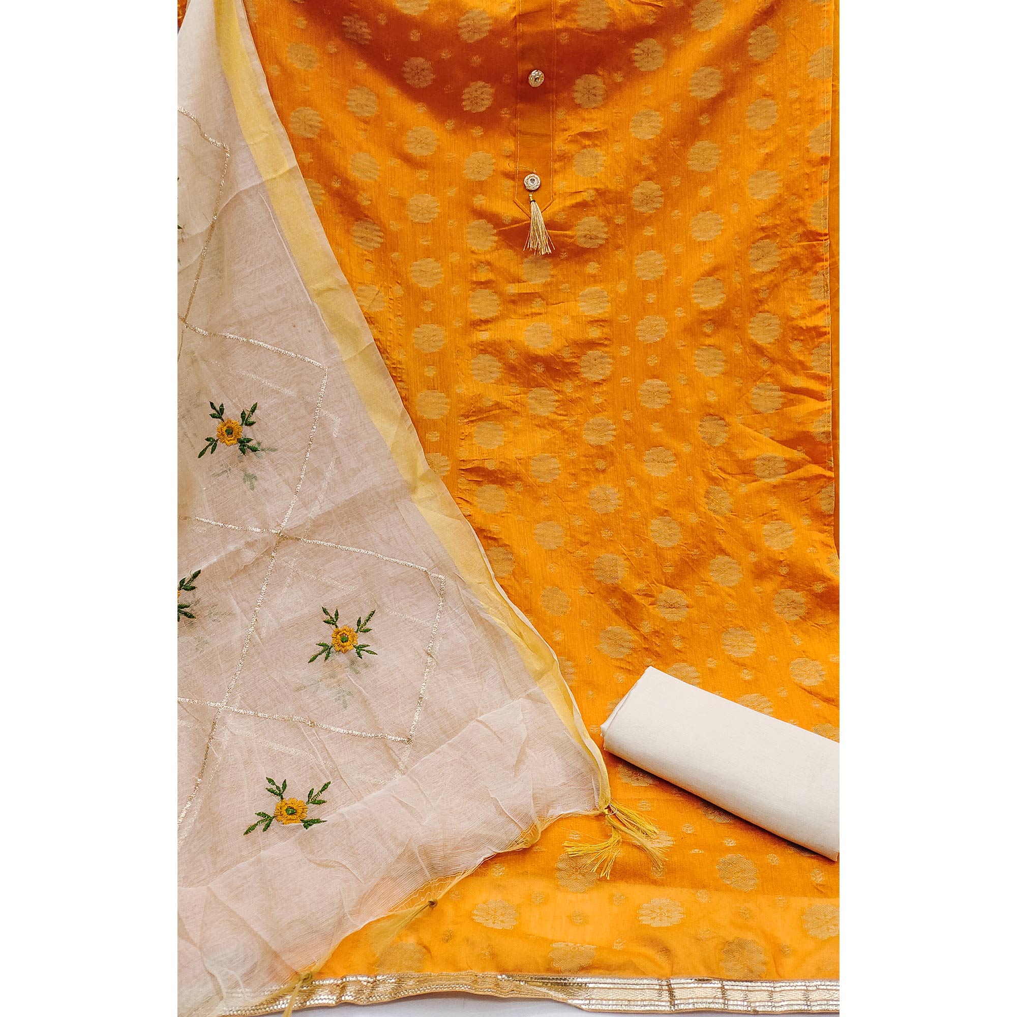 Orange Floral Woven Jacquard Dress Material