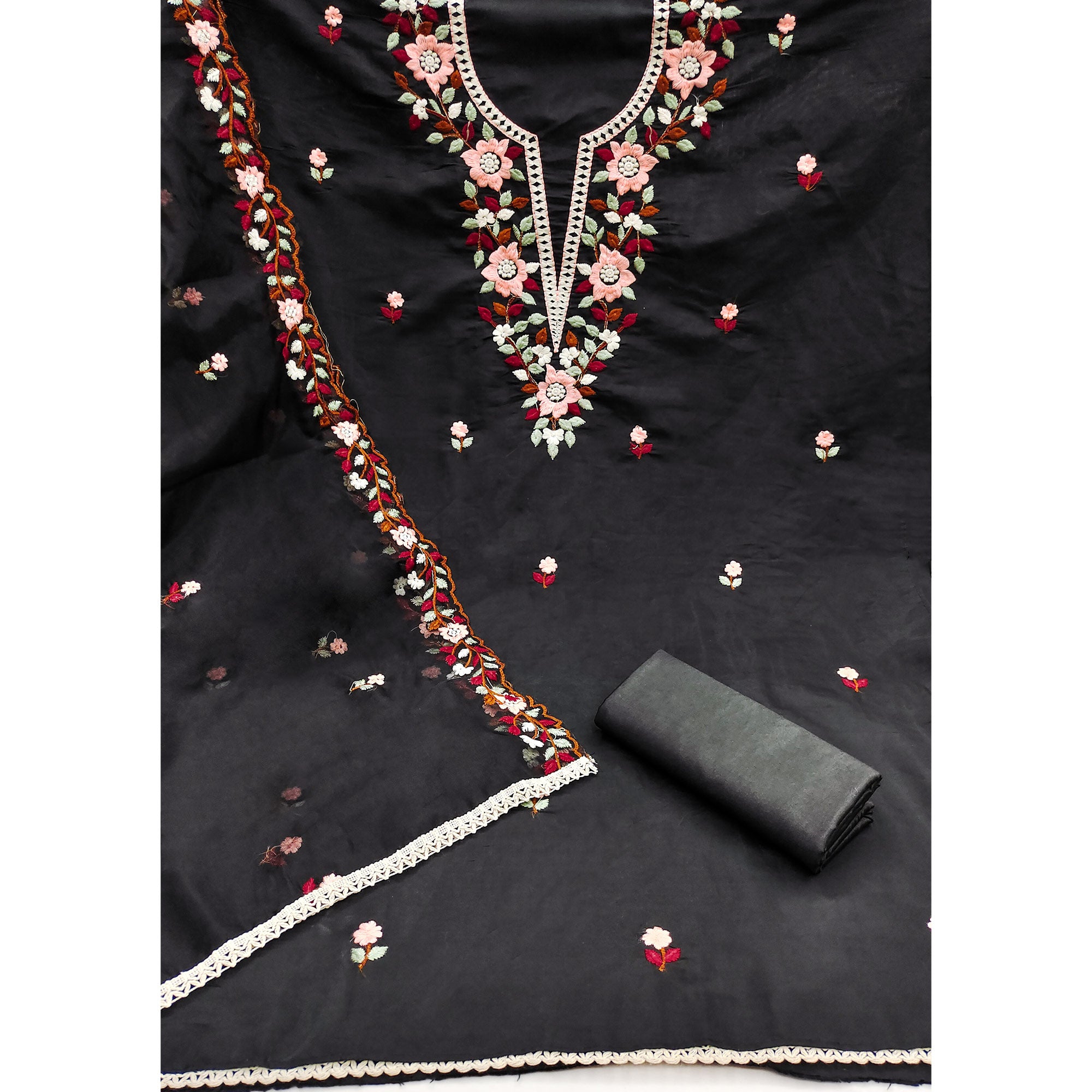 Black Floral Embroidered Roman Cotton Silk Dress Material