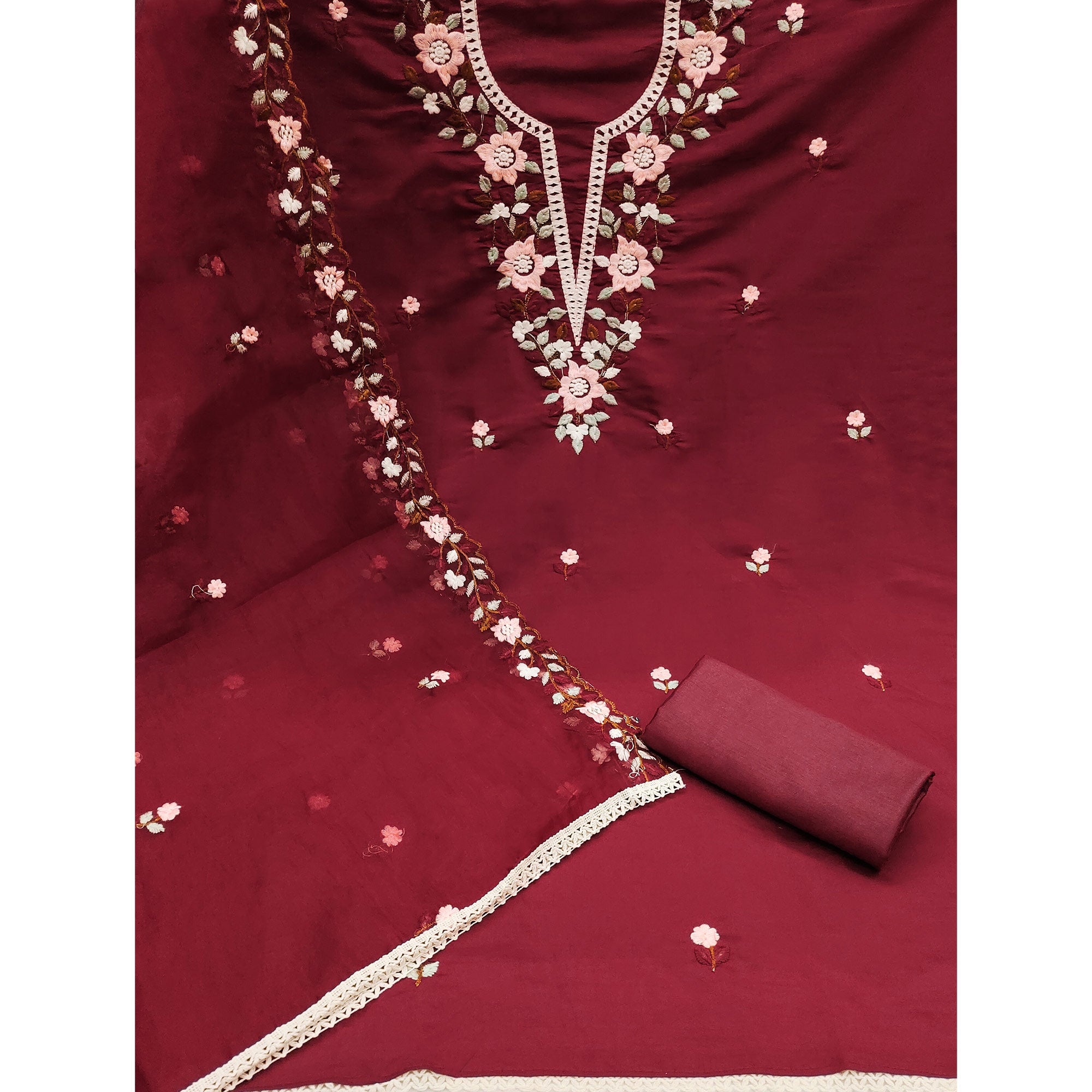 Maroon Floral Embroidered Roman Cotton Silk Dress Material